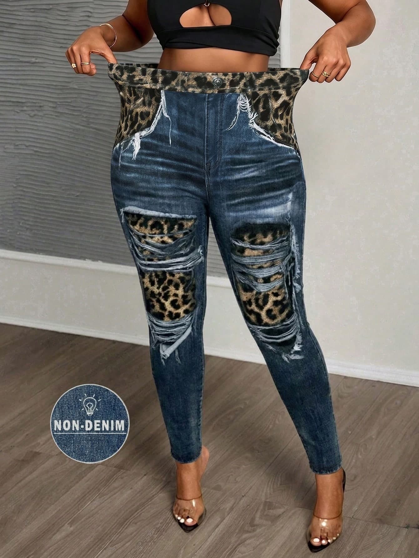 Slaydiva Plus Size Women Leopard Print Patchwork Casual Streetwear Versatile Daily Wear Nightout Leggings Blue Leopard Print Autumn