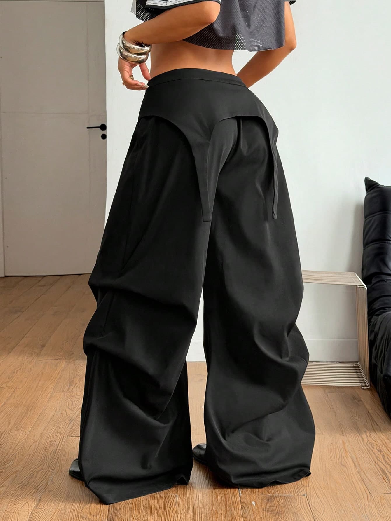 SHEIN Tall CURVE CURVE Plus Size Women's Tall Girls Y2K 70's 80s Cow Girl Cowboy Grunge 90s Casual Loose Asymmetric Parachute Pants Black Street Style Autumn