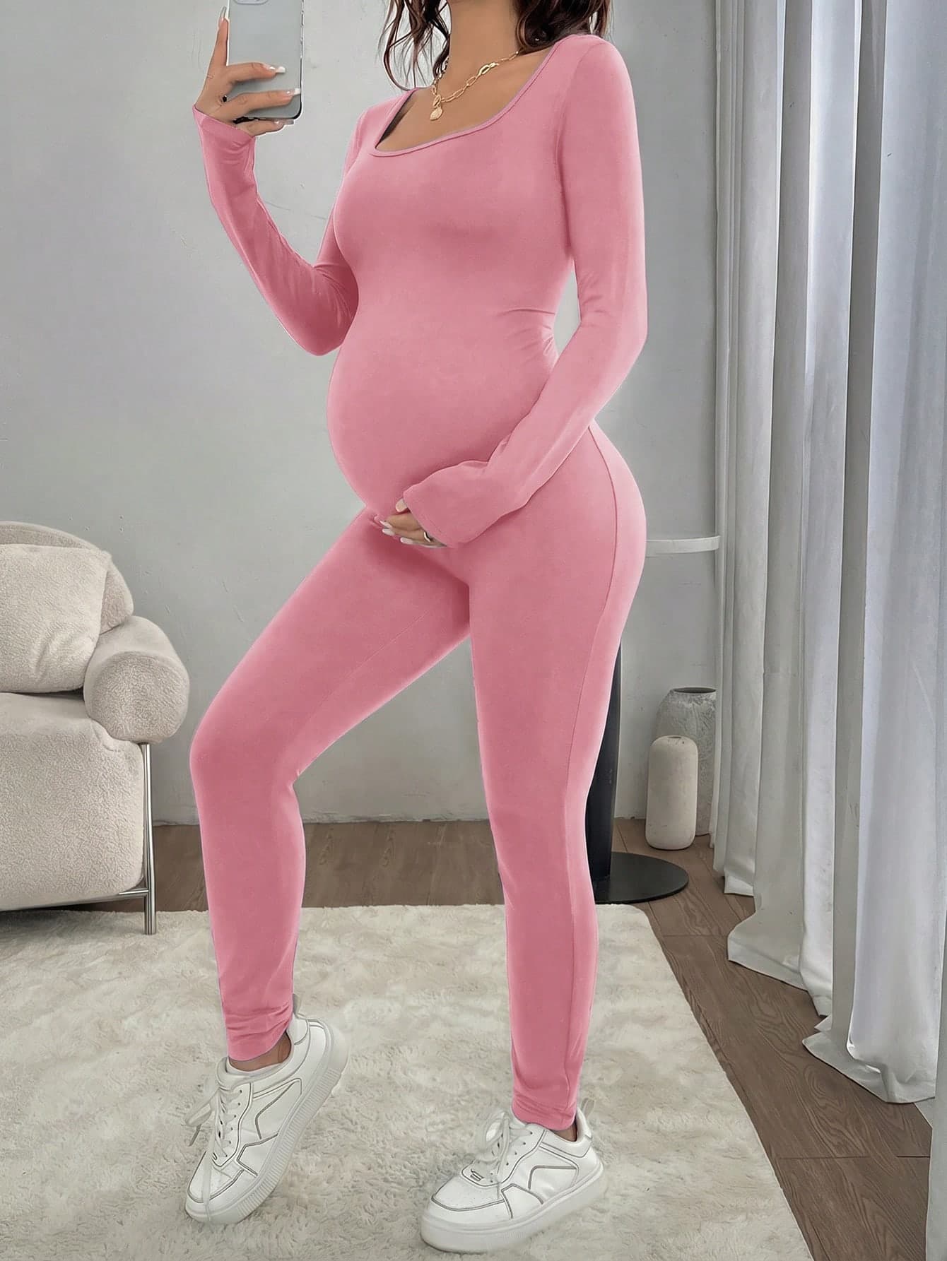 SHEIN Maternity Casual Solid Color Scoop Neck Long Sleeve Jumpsuit, Suitable For Spring & Autumn Daily Commute