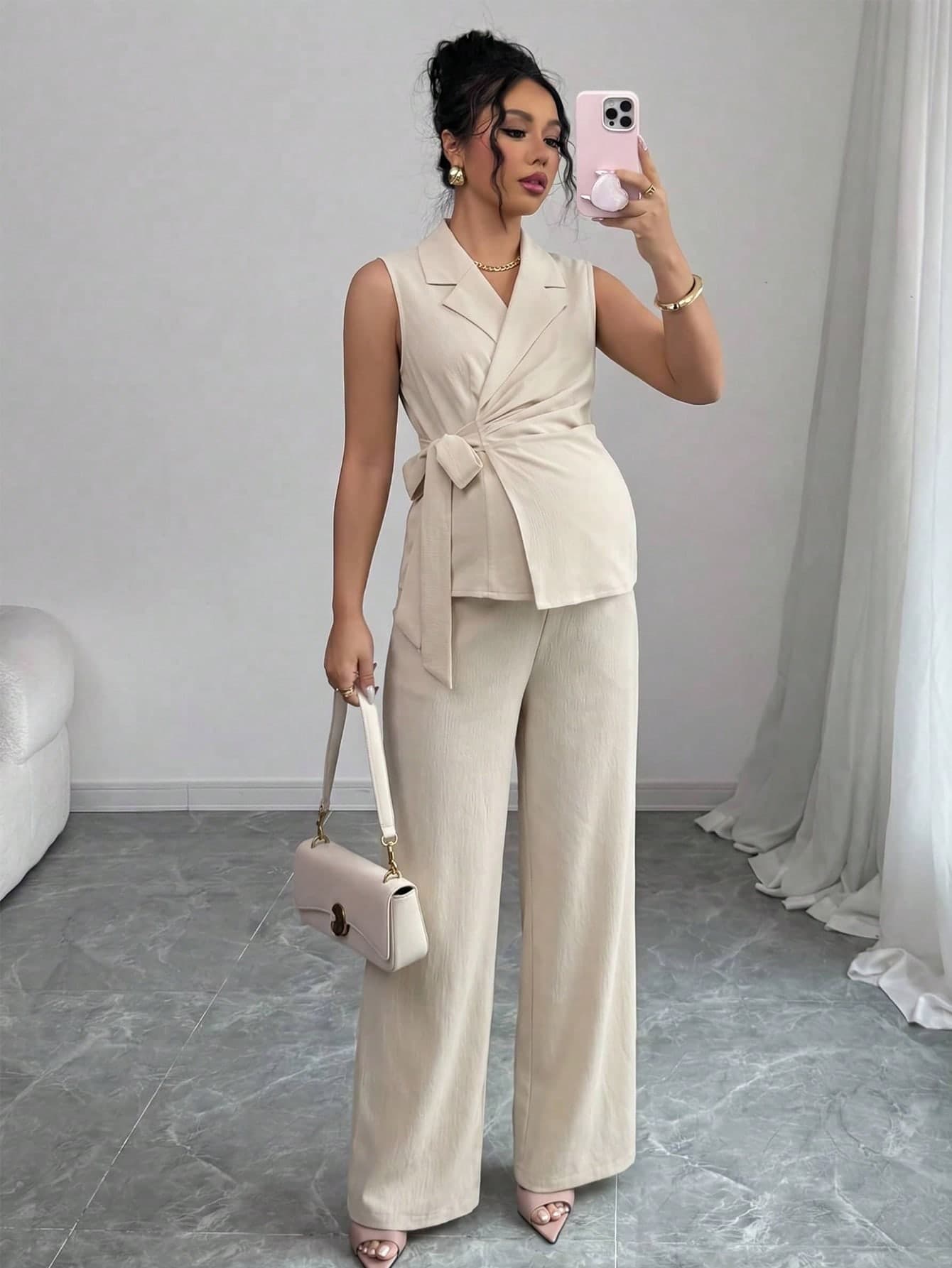 Momance 2pcs Maternity Set,Sleeveless Notched Collar Bow Tie Waist T-Shirt & Straight Jacquard Pants,Elegant Summer Outfits,Formal Work Holiday Vacation Dress