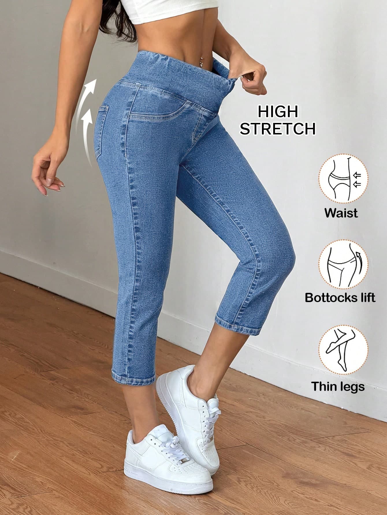SHEIN Tall Tall Women's Aqua Blue Summer Casual Everyday Cropped Denim Jeans,Solid Color Elastic Cross-Waist Design High-Stretch Fabric Slant Pocket Outfits