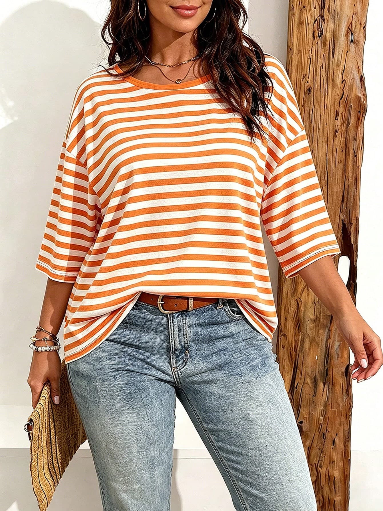 EMERY ROSE Plus Size Women Casual Smart Casual Retro Floral Print Drop Shoulder T-Shirt, Suitable For Summer Wear Vacation Burnt Orange