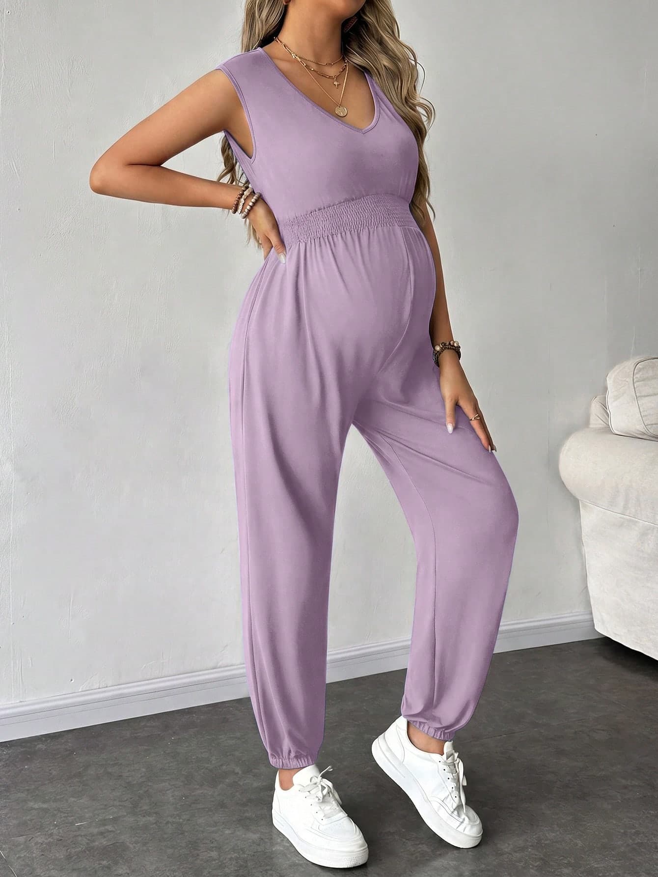 SHEIN Maternity Casual Smart Casual Commuting Minimalist Solid Color Shirred Cinched Waist Jumpsuit Garden Party Purple Summer