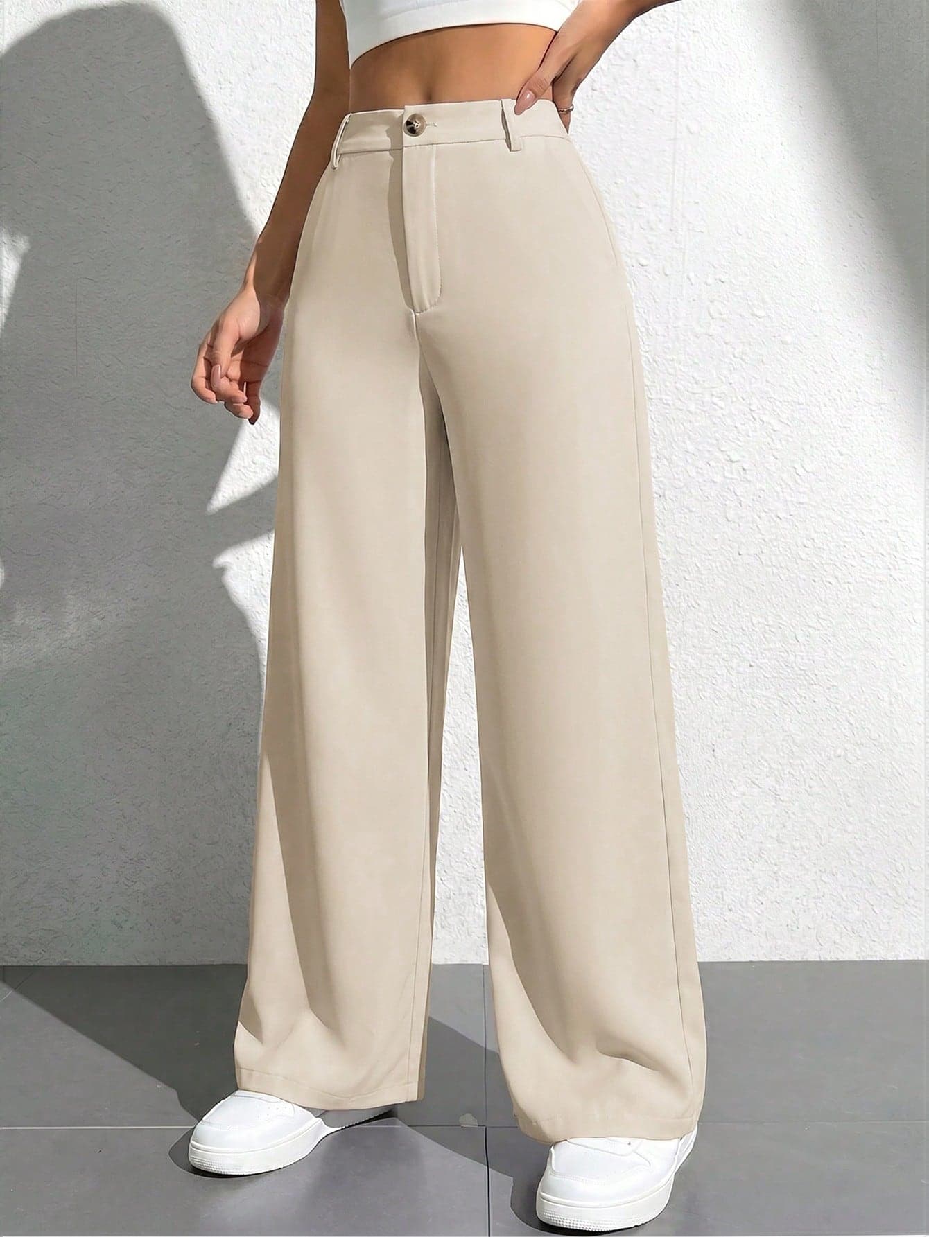SHEIN PETITE Women's Solid Color Slant Pocket Casual Fashionable Wide Leg Pants ,Petite Women