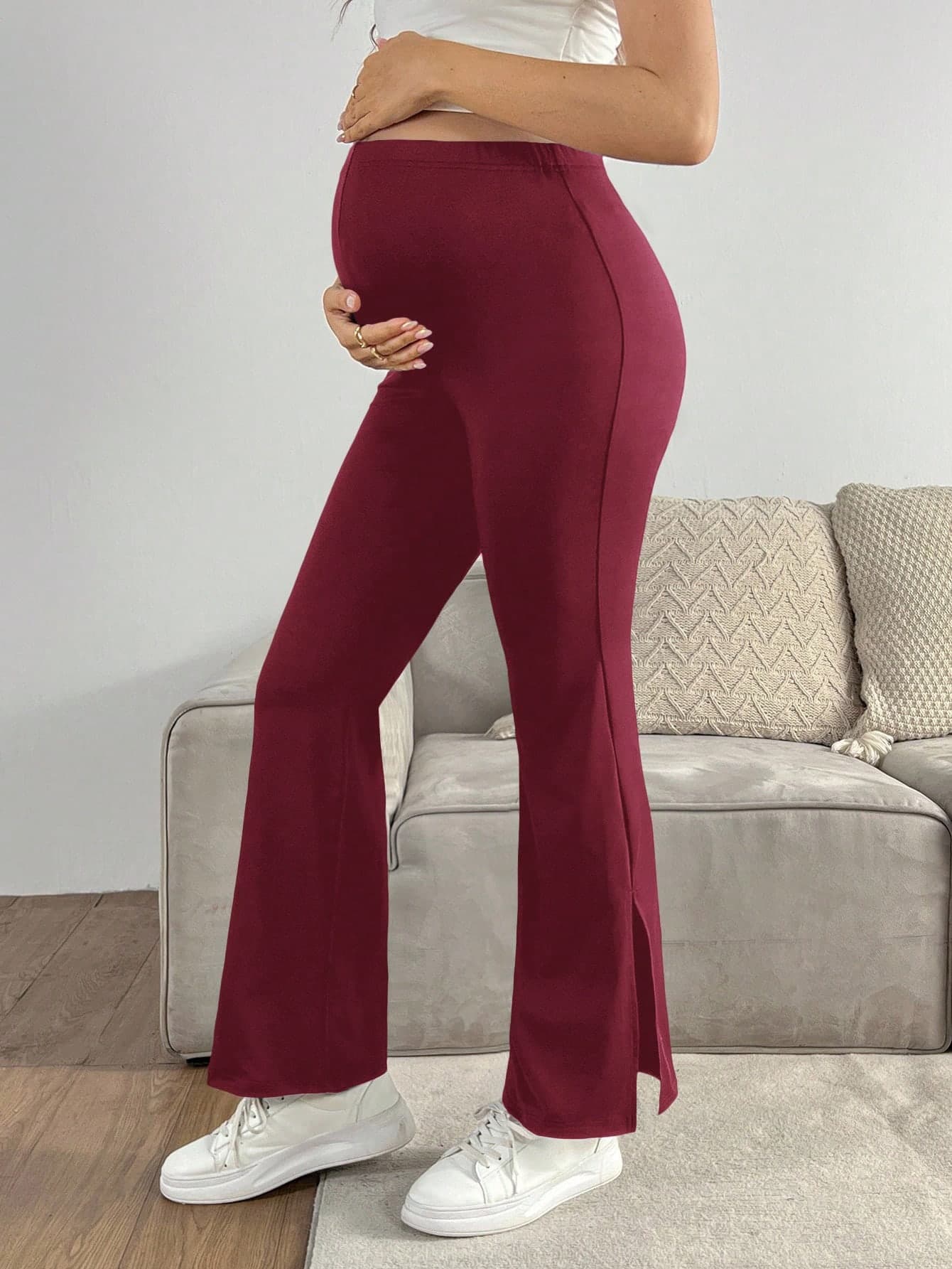 GentleRue Maternity Maternity Solid Color Adjustable Waist Casual Flare Pants House Burgundy Spring Photoshoot