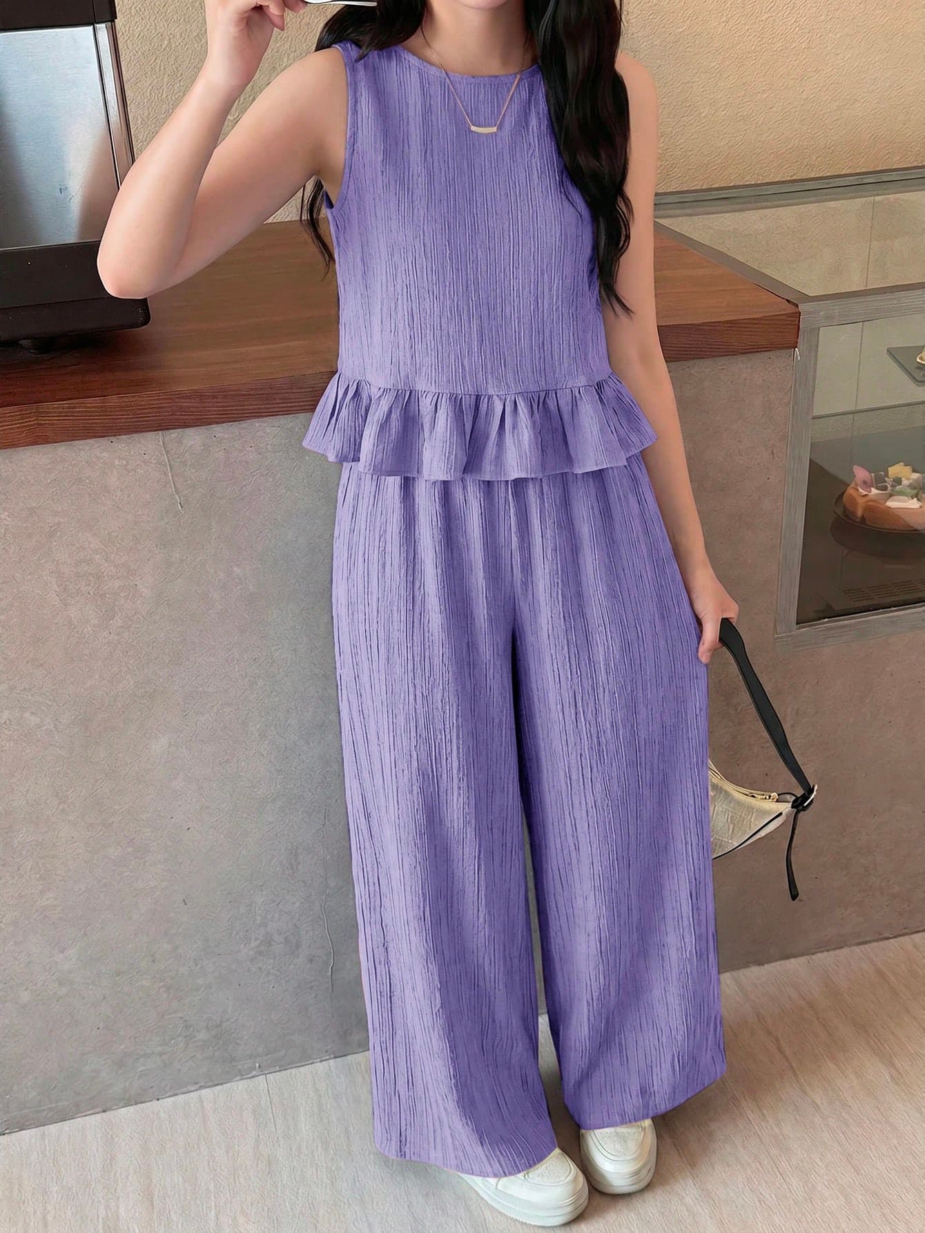 SHEIN Teen Girls' Purple Textured Woven Sleeveless Top And Straight Leg Pants Green Summer Casual Vacation Outfit,Suitable For Parties,Back-To-School,Cute