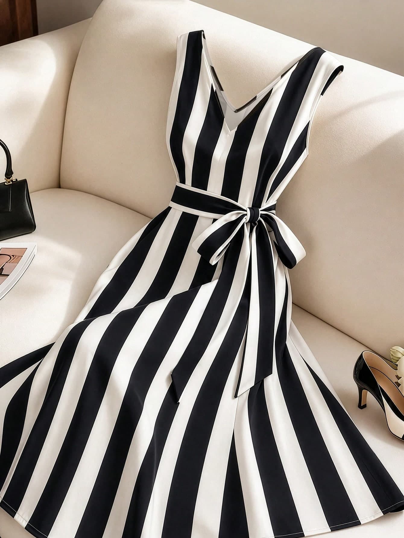 GlowEve CURVE Plus Size Women's Black And White Tie-Waist Midi Dress, Suitable For Elegant Dates Tea Party And Daily Wear, Spring/Summer