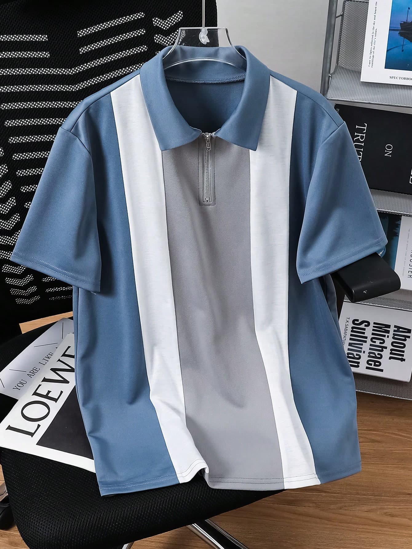 SHEIN Teen Boy Casual Patchwork Blue Polo Shirt With Collar,Comfortable Baby Blue Summer Streetwear For Beach,Parties,Weddings & School,Versatile Tops