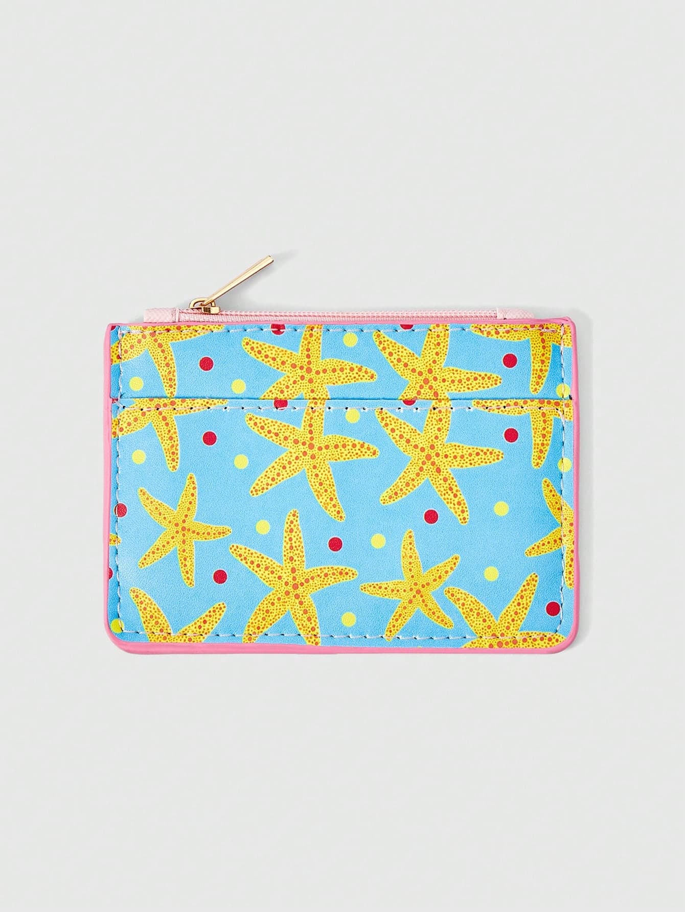 ROMWE Kawaii Blue Background Starfish Printed Card Bag, Ultra-Thin PU Leather Zipper Card Clip, Ocean Wind Change Bag, Cute And Versatile.