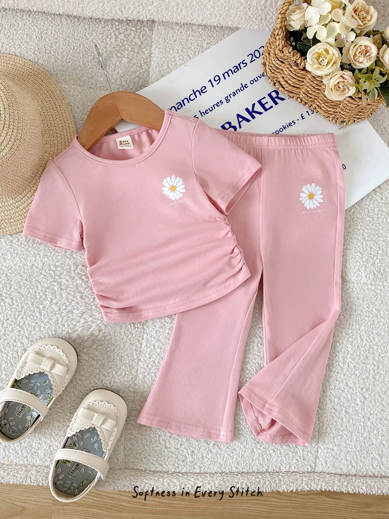 Cozy Pixies Baby Girl Cute Casual Pink Ditsy Floral Round Neck Short Sleeve Top + Pants Set