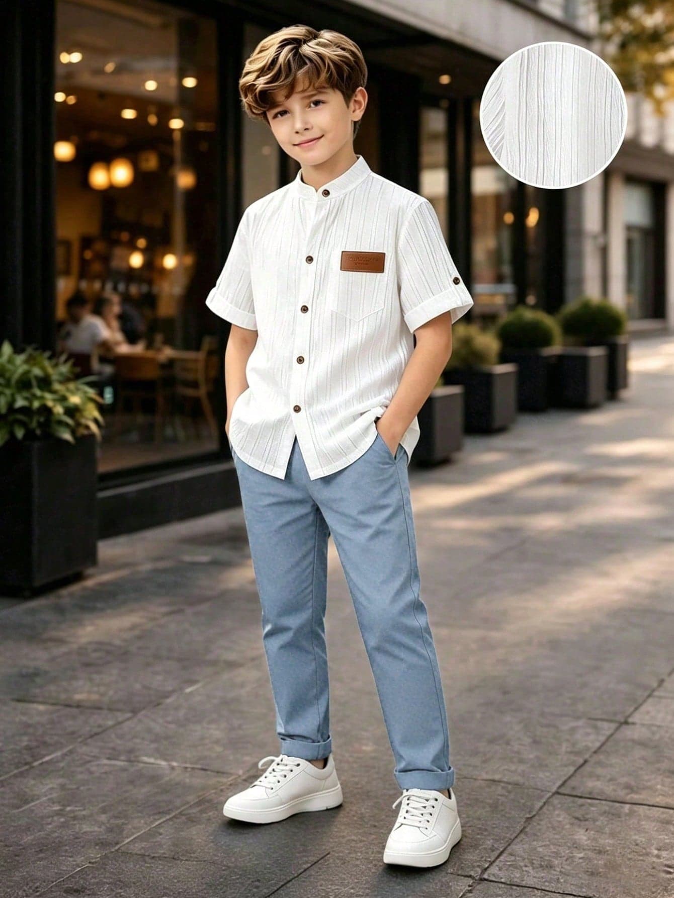 SHEIN Older Kids Boys' Summer Casual White Textured Striped Short Sleeve Shirt+Haze Blue Long Pants Set,Back-To-School All White Business School Wedding