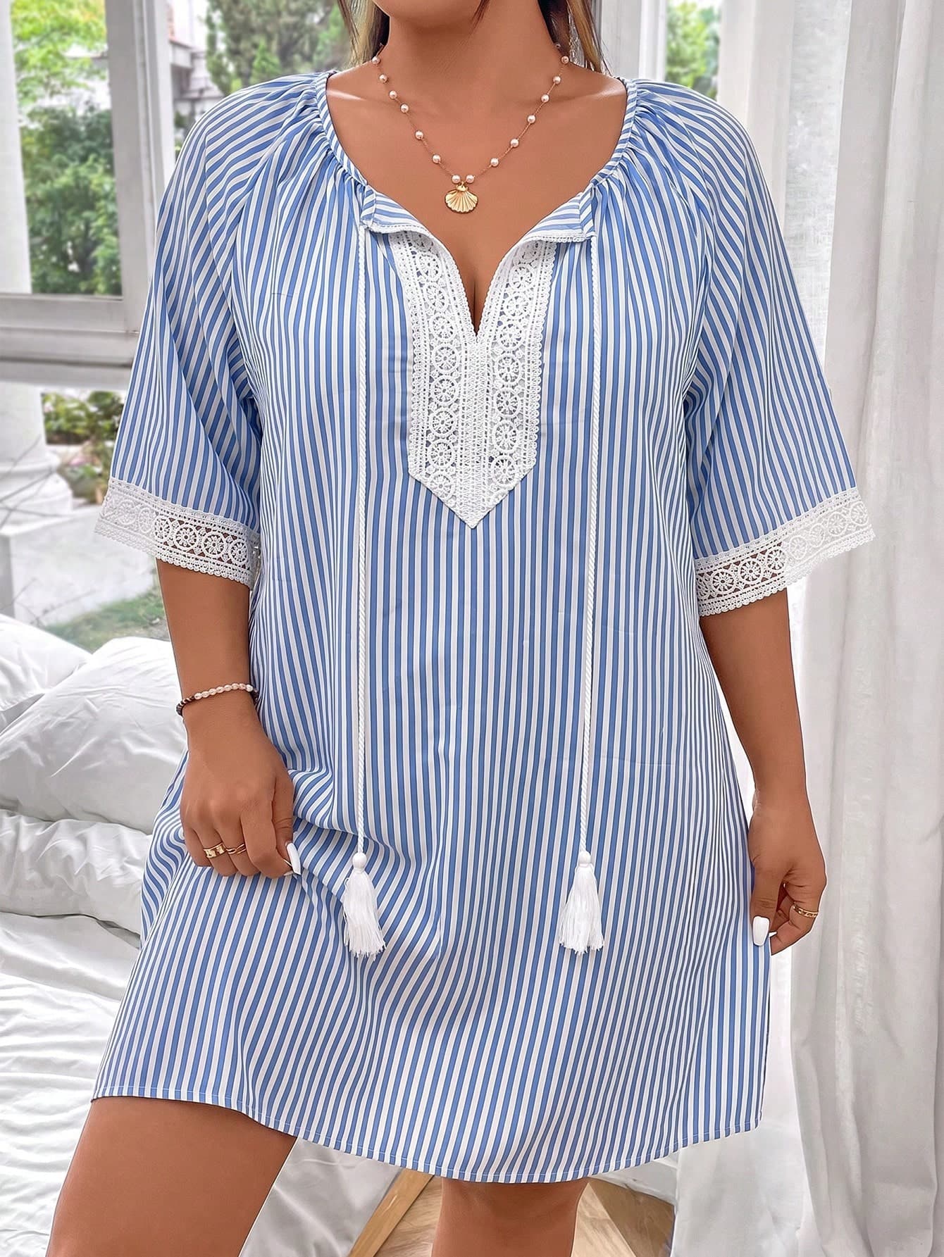 Swim Lushoire Plus Size Striped Print Casual Boho Coverup Vacation Navy Blue Summer Beach Vacation