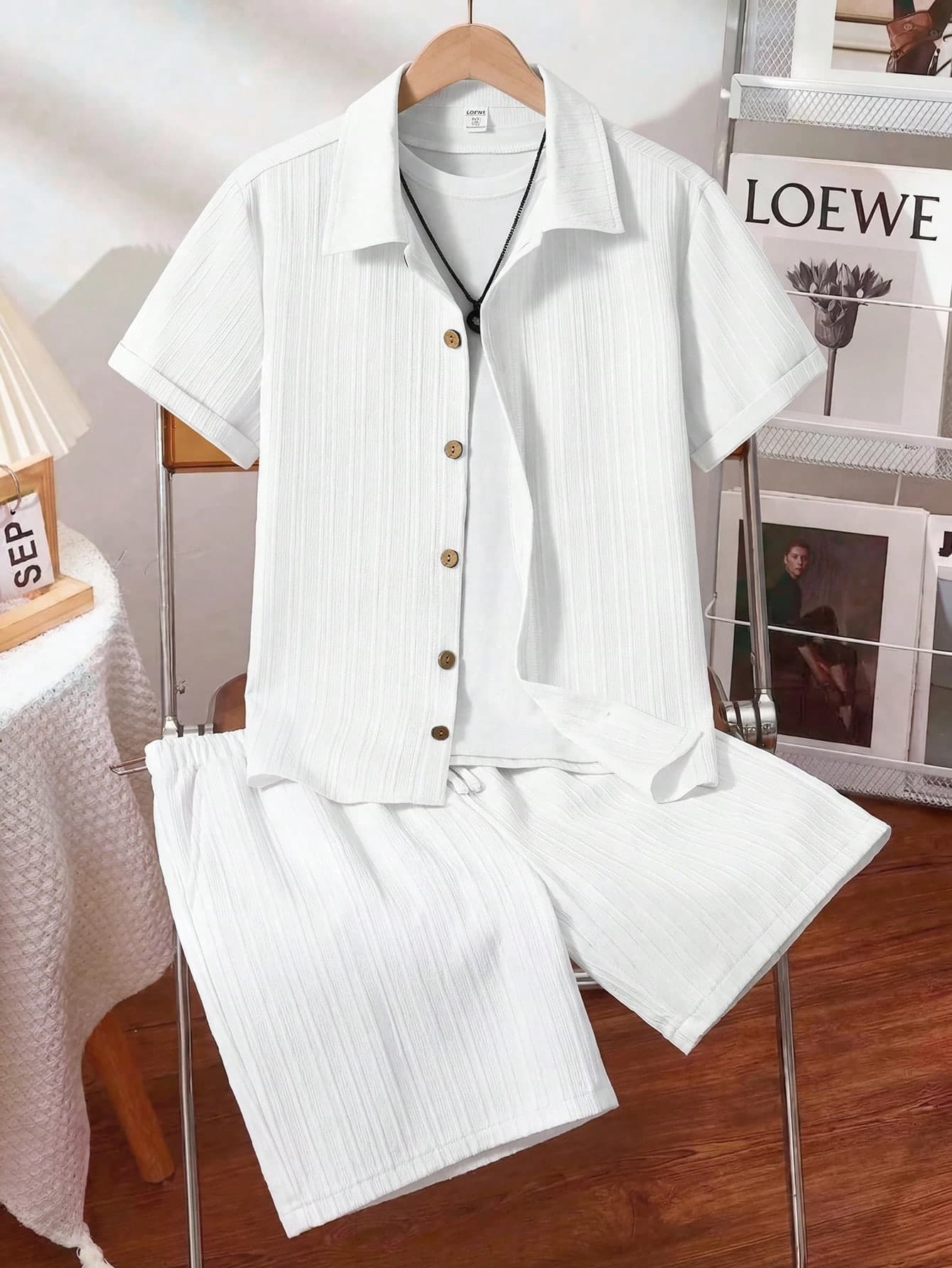 Teen Boy 2pcs Set Casual Solid Color Short Sleeve Shirt & Shorts, Summer,Holiday,Summer,Travel