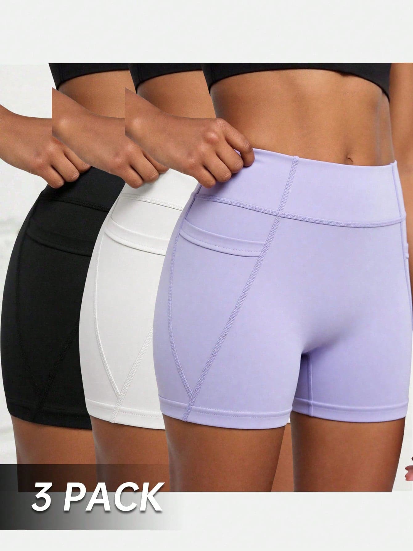 SHEIN Tween Girls' Solid Active Shorts 3 Packs – Creative Patchwork Construction With Practical Side Pockets, High-Stretch & Comfortable Fabric For Cycling, Jogging, Yoga & Versatile Training Activities