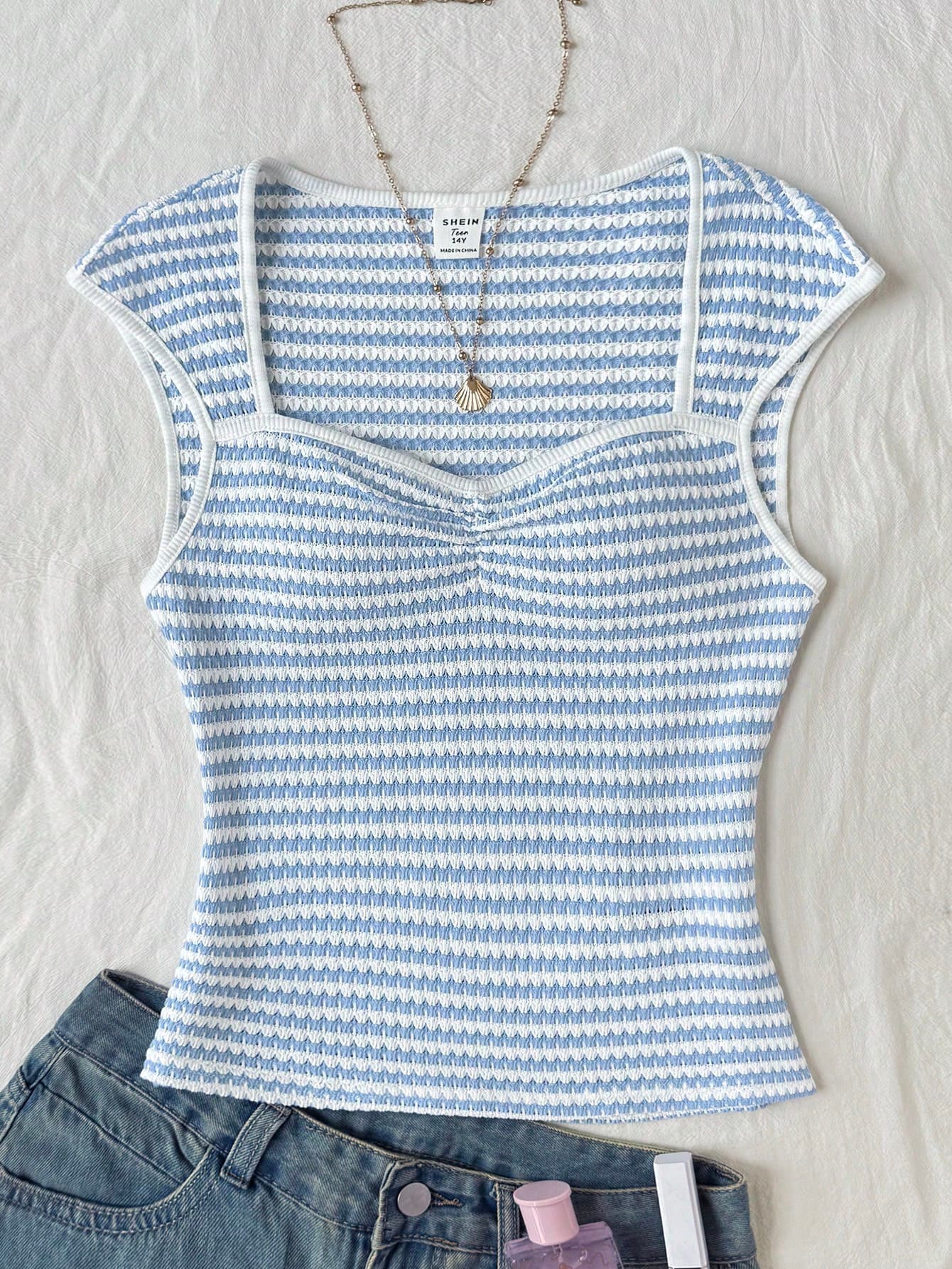 Kids/Teen Girls' Baby Blue Striped Knit Ruched Bust Sweet Cropped T-Shirt,Y2k Summer Back-To-School Holiday Casual Picnic Everyday Wear