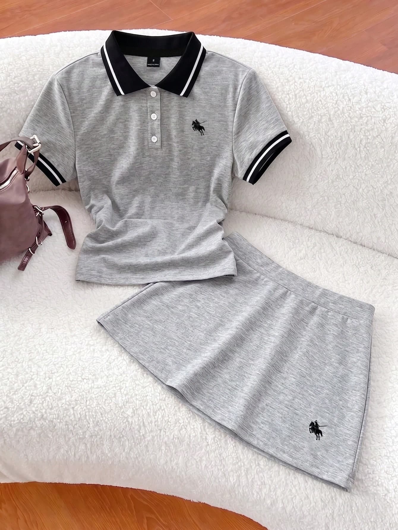 Elamini Spring & Summer Casual Collared Ruched T-Shirt And Embroidered A-Line Skirt 2-Piece Set, Navy Blue