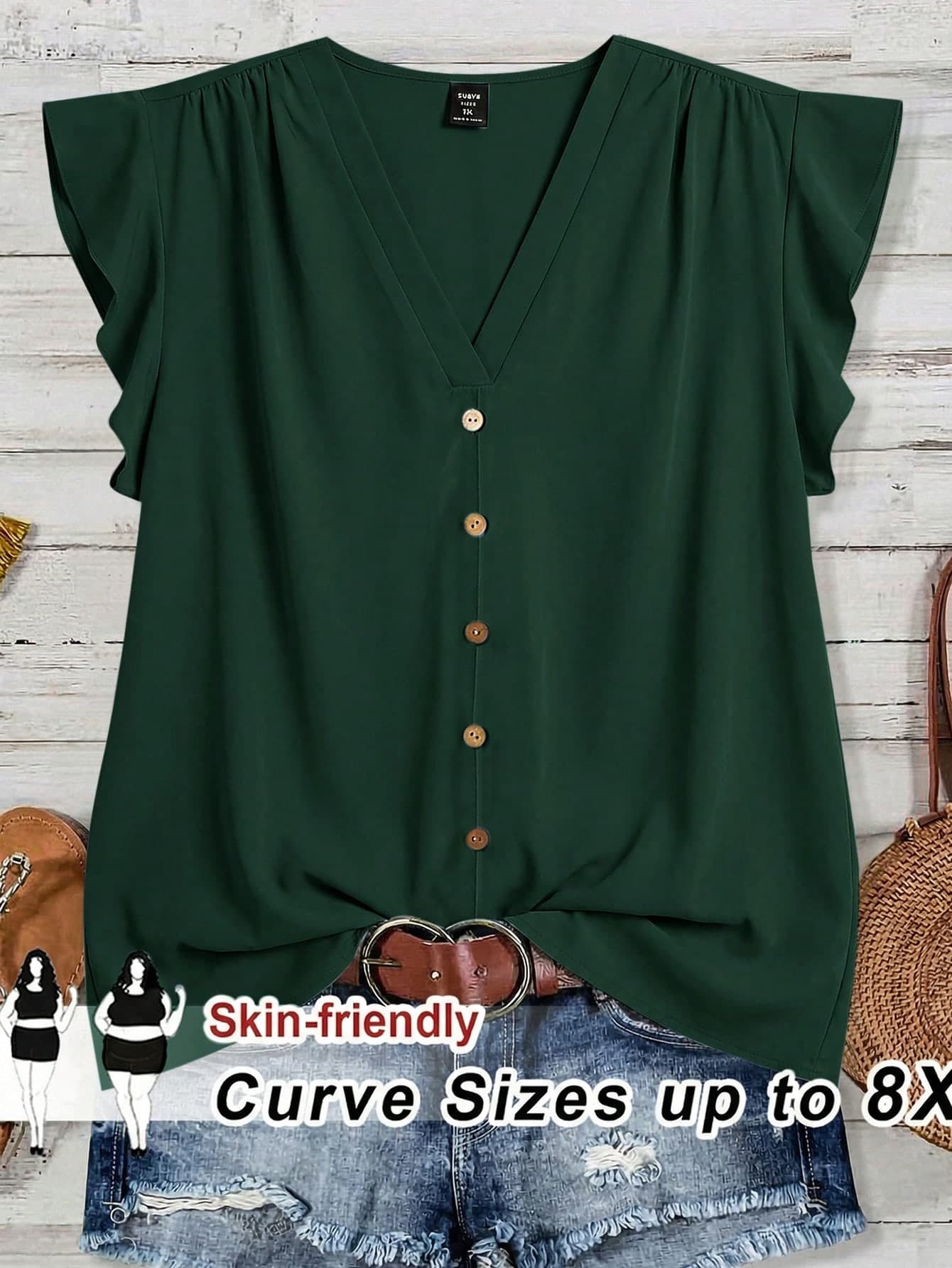 SHEIN CURVE+ Plus Size Women Daily Casual Vacation V-Neck Black Loose Blouse, Summer Vacation Going Out Tops