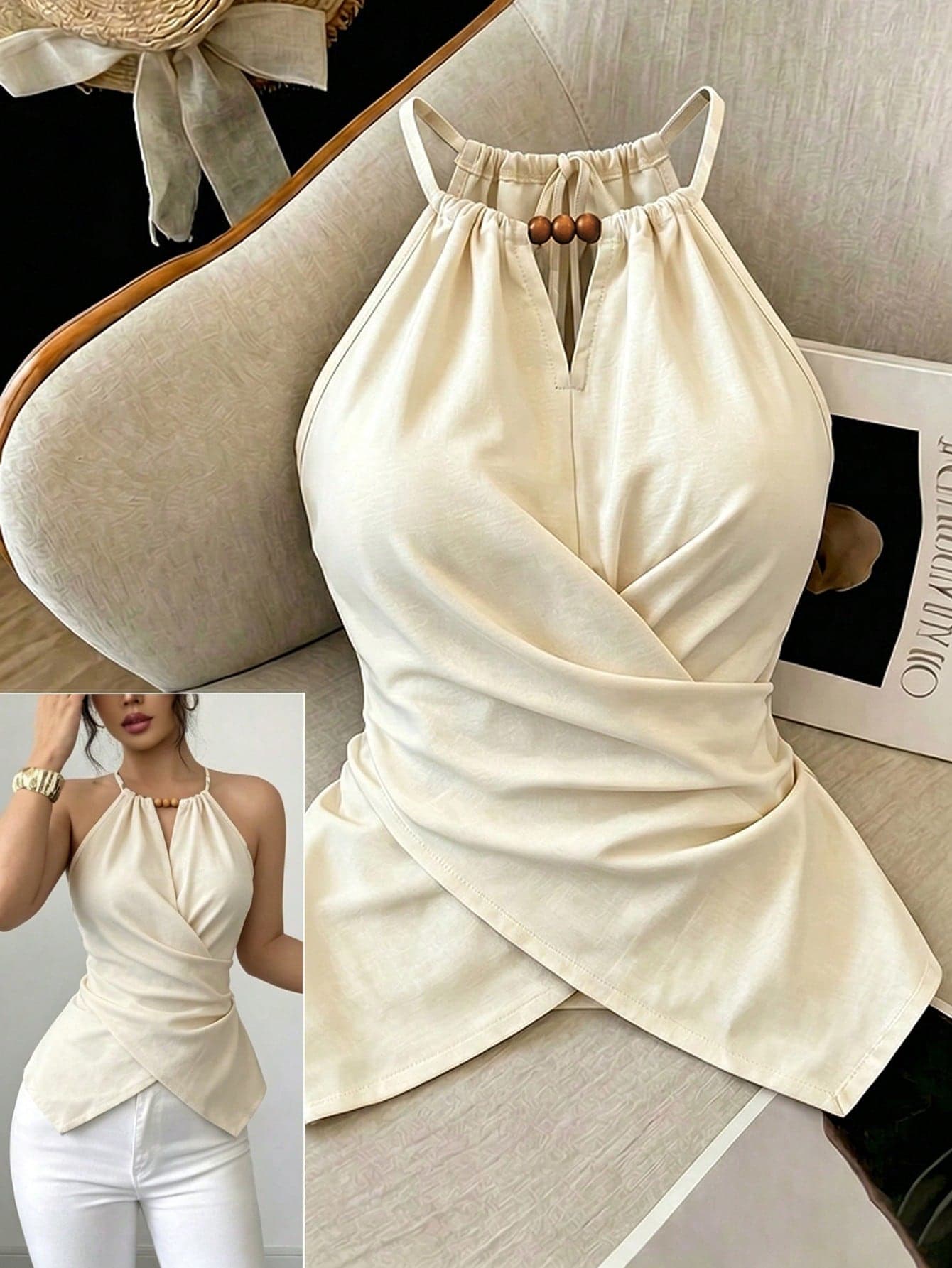 SHEIN Franclia Women's Apricot Summer Casual Sleeveless Halter Neck Criss-Cross Tie Waist Slim Fit Solid Color Blouse,Holiday Vacation Outing Y2K Beach Shirt