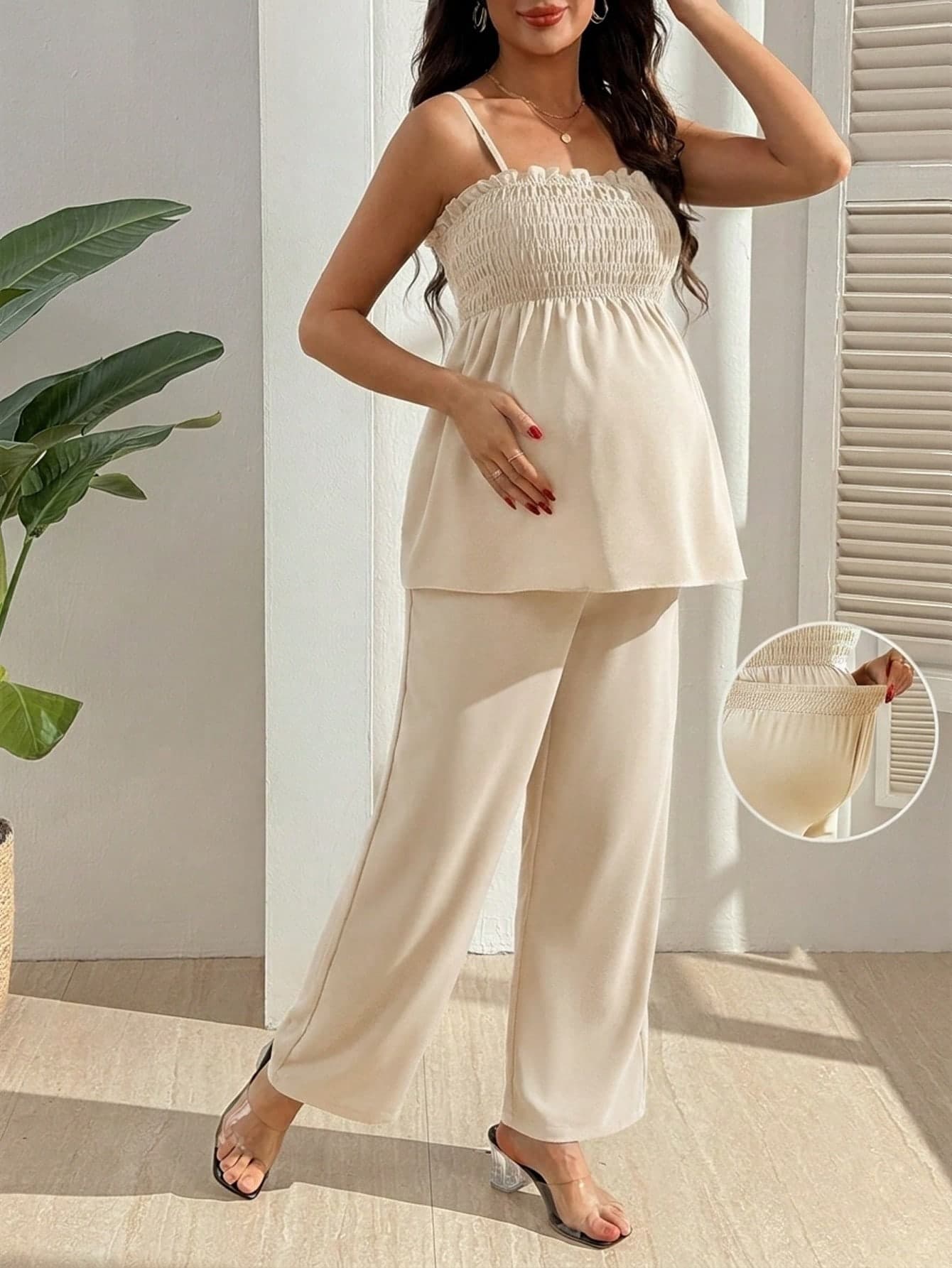 SHEIN 2pcs Maternity Solid Color Camisole Top And Pants Set Baby Shower Photoshoot Pink Summer