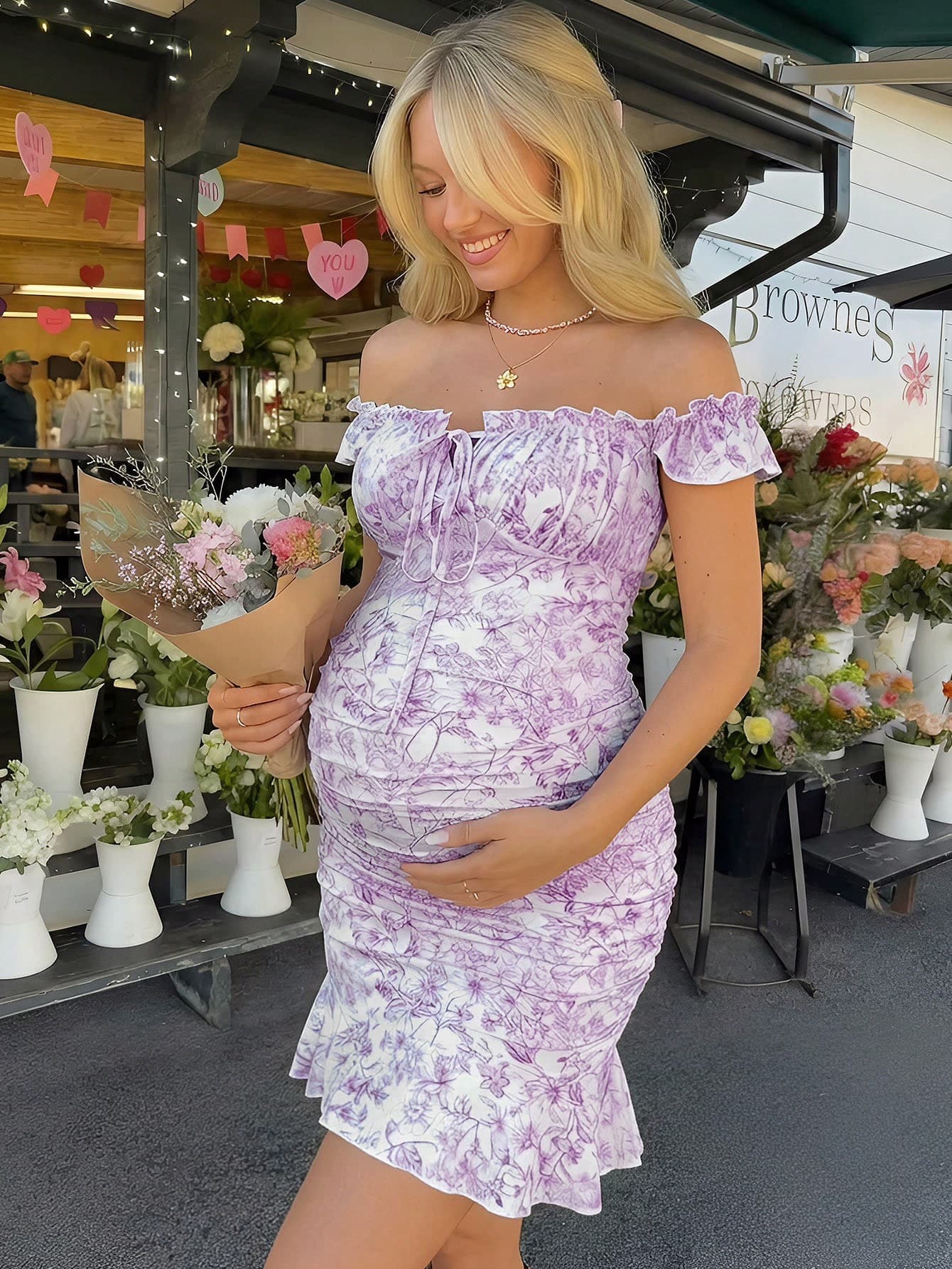Lyckli Maternity Summer Beach Vacation Allover Print Off Shoulder Ruffle Tie-Front Fitted Dress