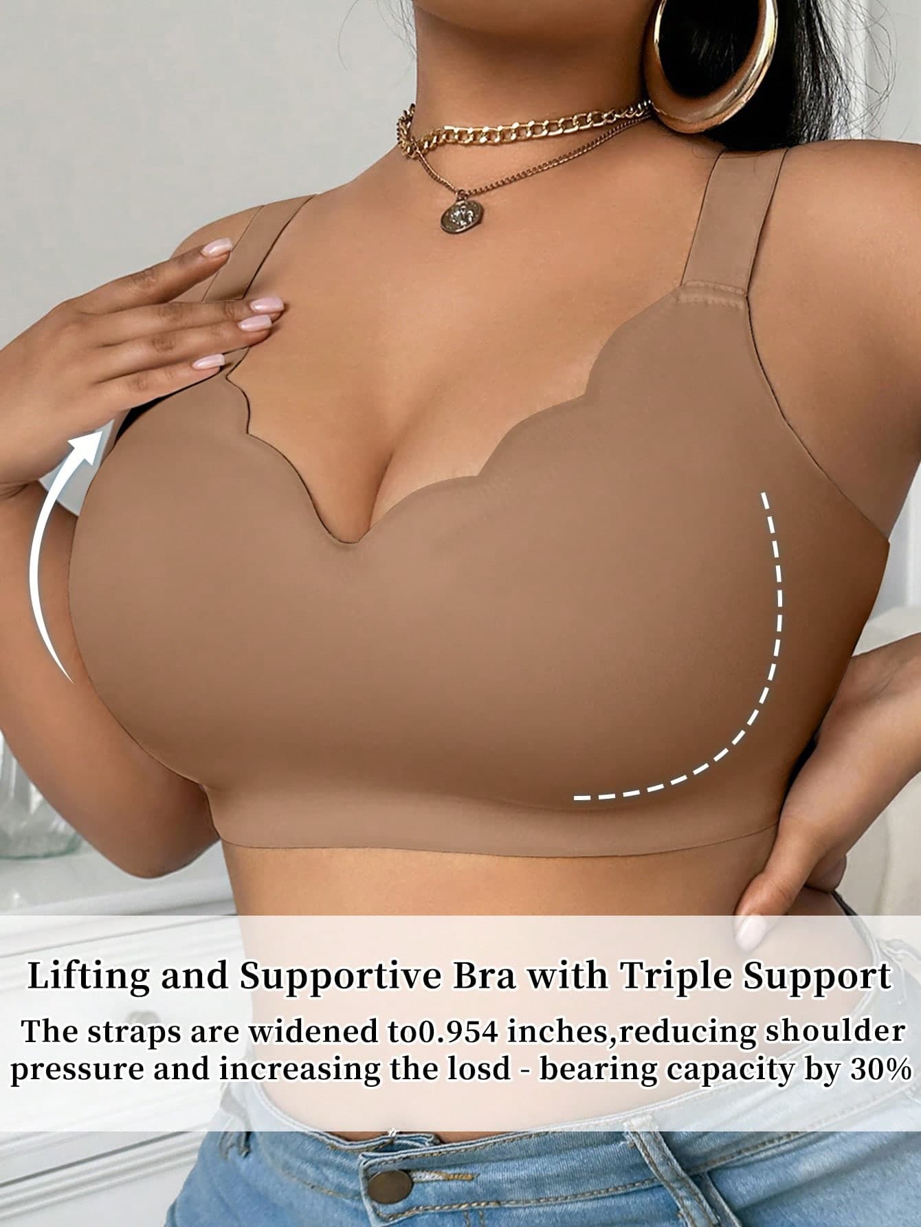 SHEIN Plus-Size Women's Push-Up Soft Support V-Neck Bra Wide-Shoulder Comfortable Bra Plus-Size Wire-Free Bra Plus-Size Bra Plus-Size Push-Up Bra Lifting