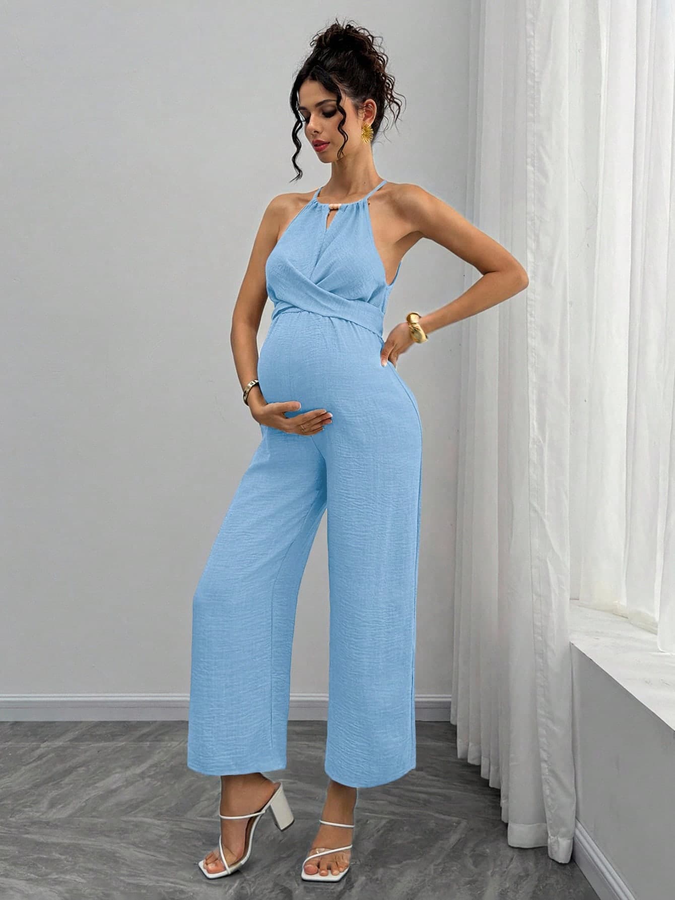 SHEIN Pregnant Women's Summer Casual Elegant Vacation Style Solid Color Cross Wrap Tie Back Jumpsuit Baby Shower Baby Blue