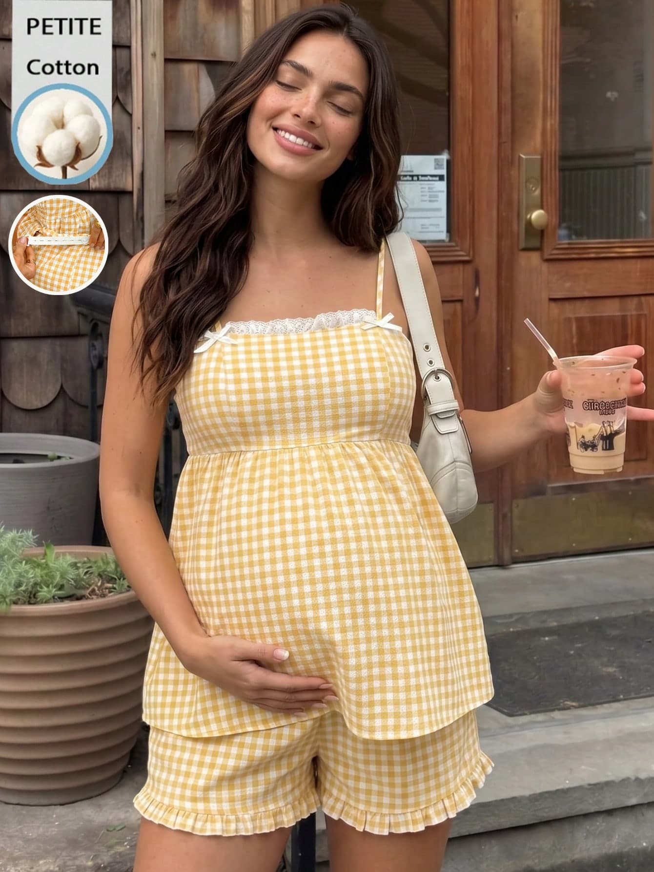 SHEIN Maternity Plaid Lace Patchwork Ruffle Camisole Top And Adjustable Waist Shorts Casual 2-Piece Set