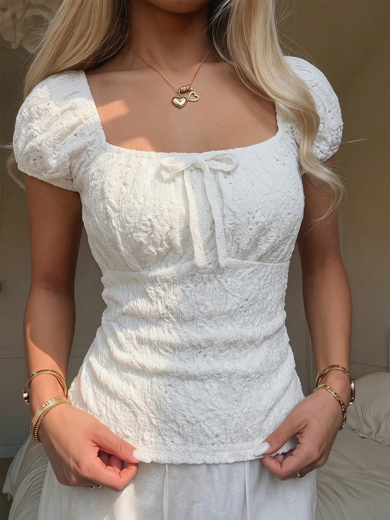 Teen Girls' Cute White Lace Blouse,Casual Elegant Summer Puff Sleeve Fitted T-Shirt,Vacation Boho Ruffle Collar Top For Tea Party,Date,Music Festival