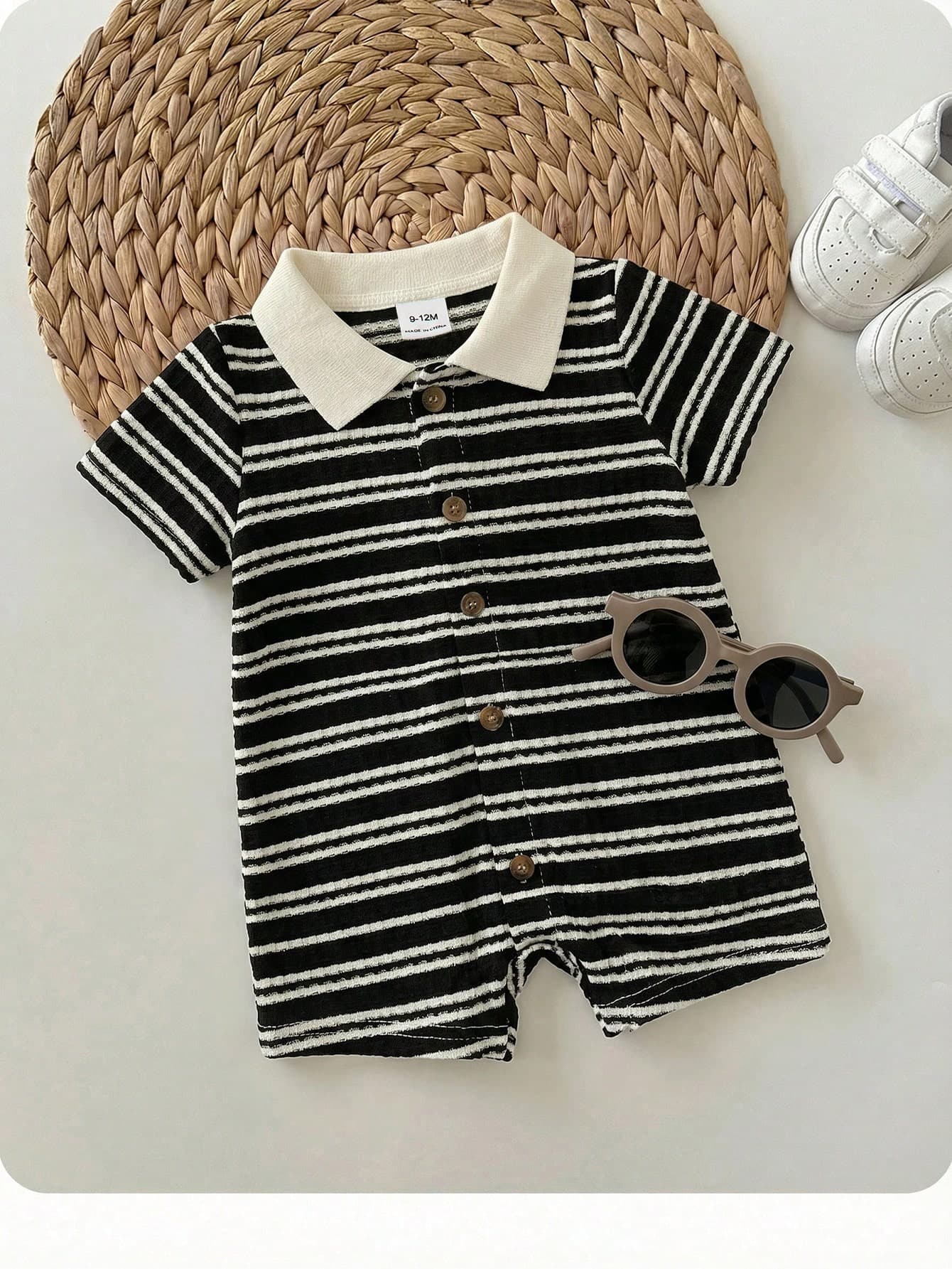Newborn Baby Boy Black And White Striped Summer Casual Family Matching Cute Knitted Short Sleeve Romper,Birthday Party,Evening,Wedding,Baptism,Shower