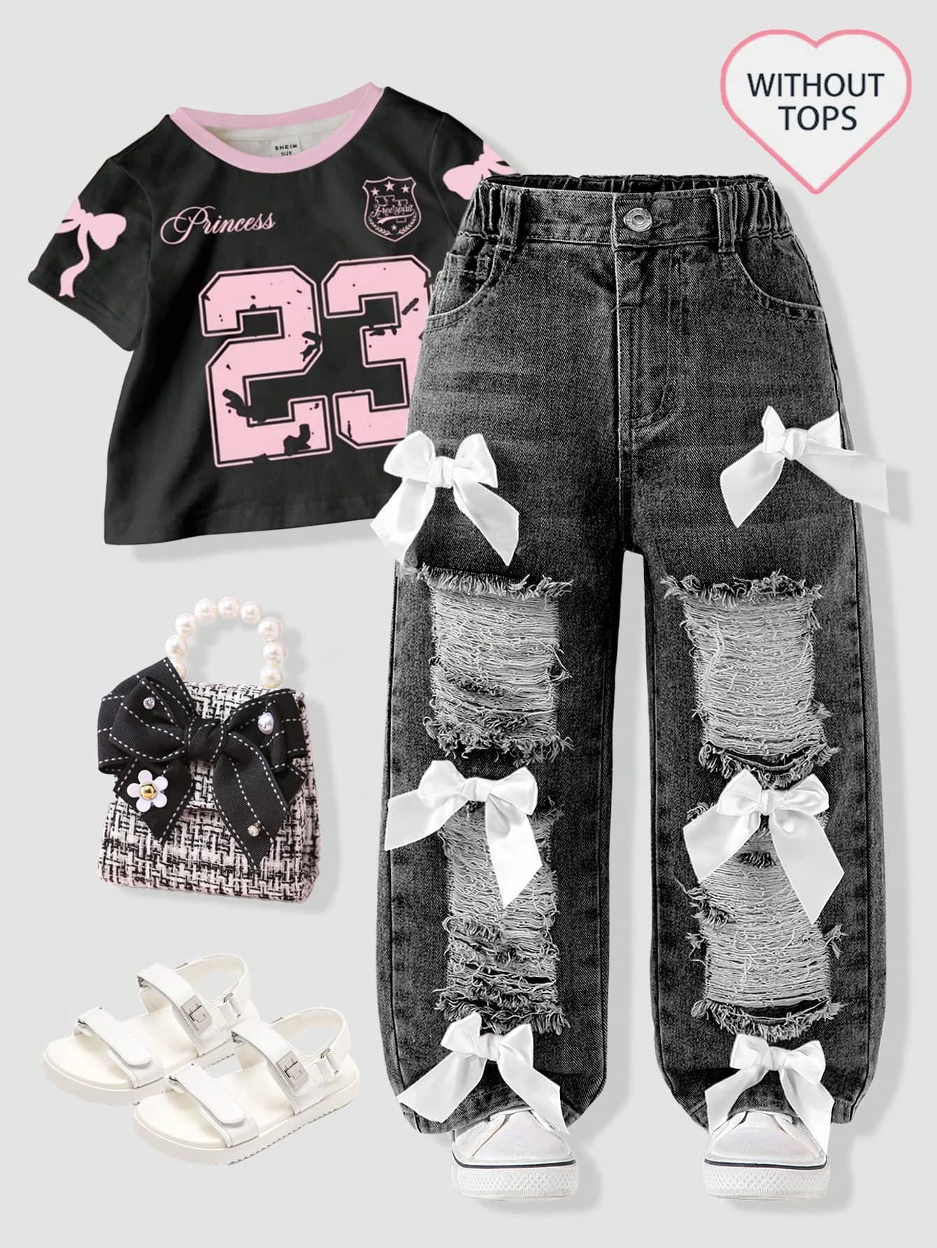 Genkimix Kids 2026 Spring Summer Light Blue Washed Heavy Ripped Bow Decorated Denim Pants, Young Girl Loose Straight Leg Sweet Cool Versatile Chic Thin