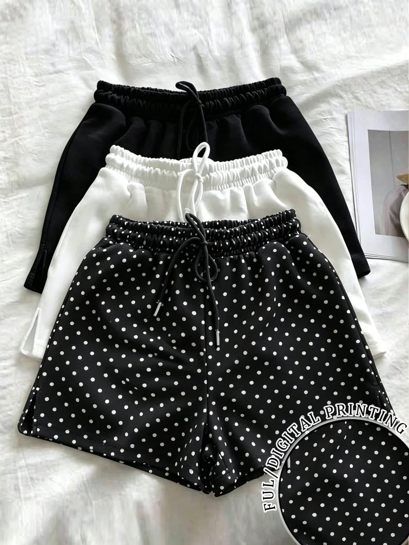 Resyla 3pcs/Set New Arrival Polka Dot Casual Loose Shorts, Flattering Sports & Daily Wear Bottoms For Women