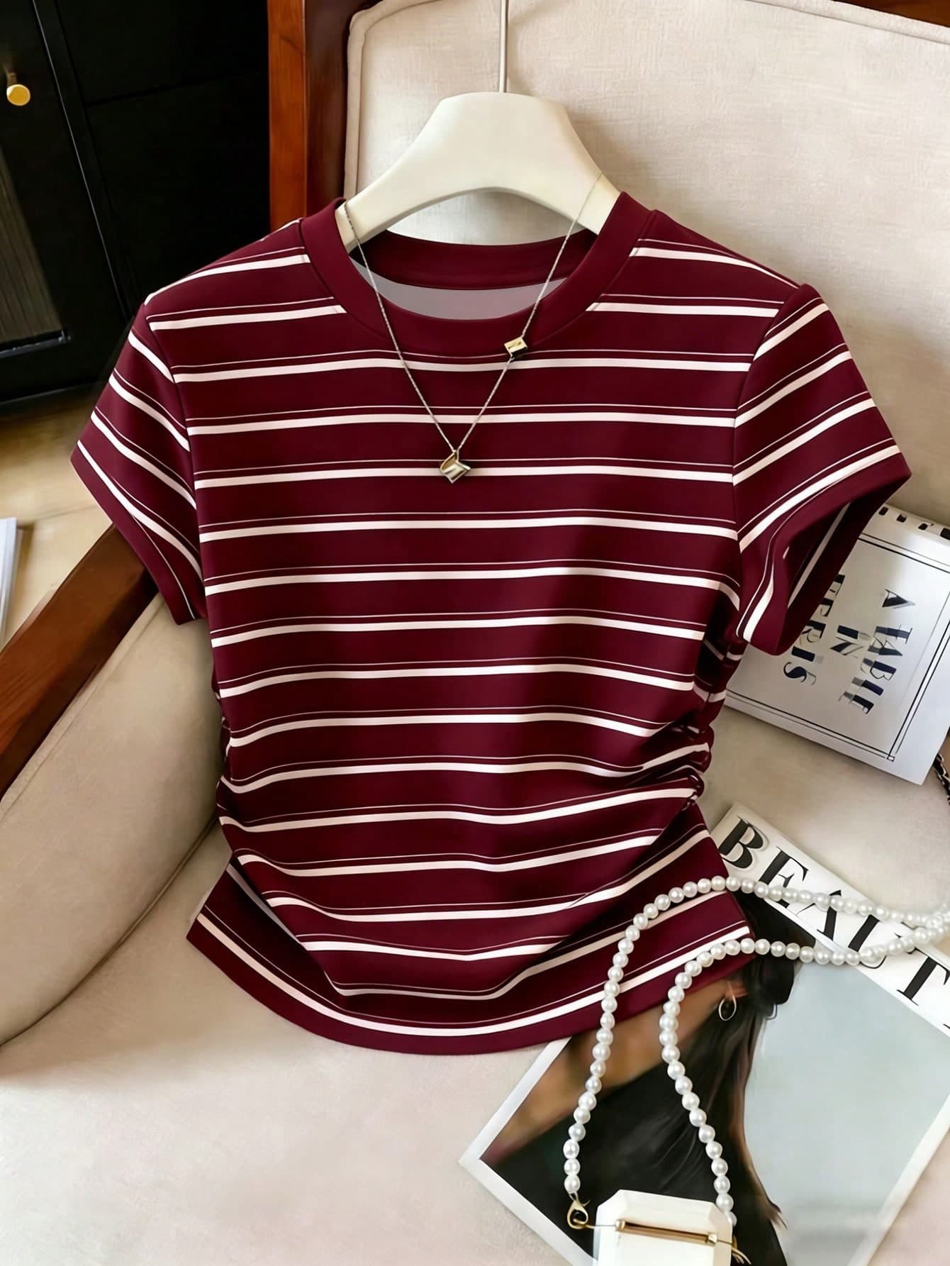Resyla Women's Tops / Red And White Striped T-Shirt / Casual Allover Stripe Short Sleeve / Slim-Fit Women's Tee / All-Match Fashion Item / Summer Daily Wear Essential / Women's Striped Print Top 2026 Spring Summer