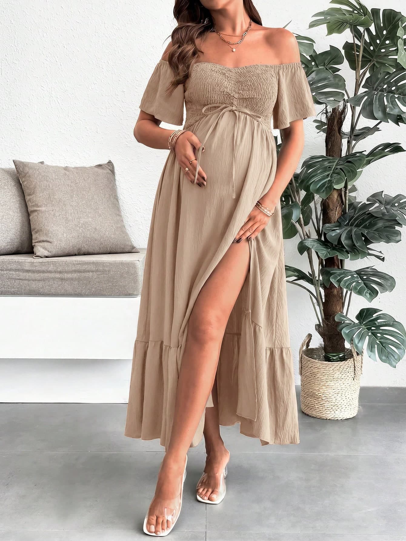 SHEIN Pregnant Women's Off-Shoulder Solid Color Split Design Casual Vacation Dress