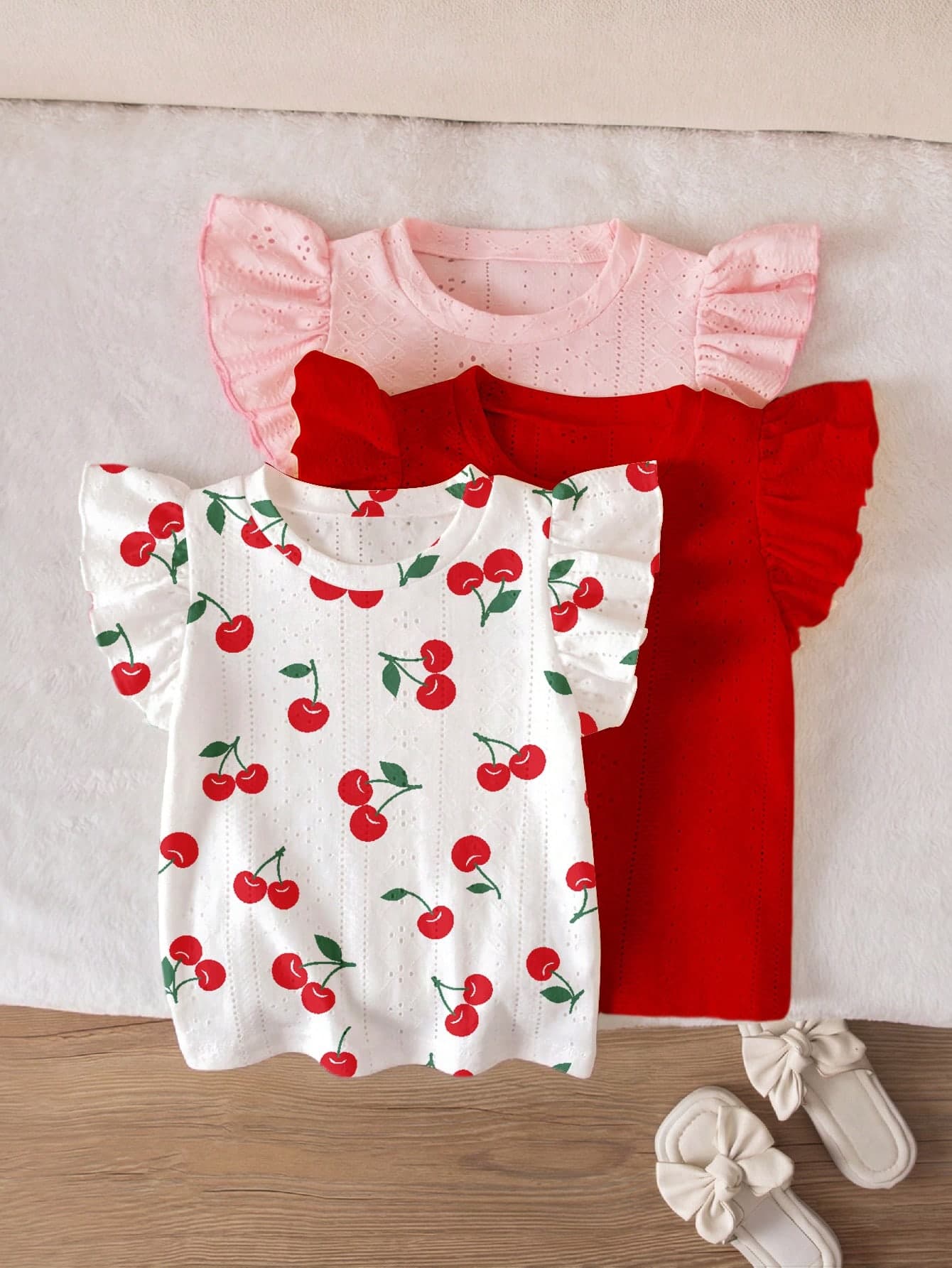 SHEIN Vintaside Kids 3pcs Tween Girls' Fresh Round Neck With Cap Sleeve Design, Showing Lively And Cute Style. One In Soft Red, One In Gentle Light Pink, One In White Base With Fresh Cherry Print, Made Of Delicate Hollow-Out Jacquard Fabric, Suitable For Various Occasions In Spring And Summer, Countryside Style With Layered And Energetic Look.