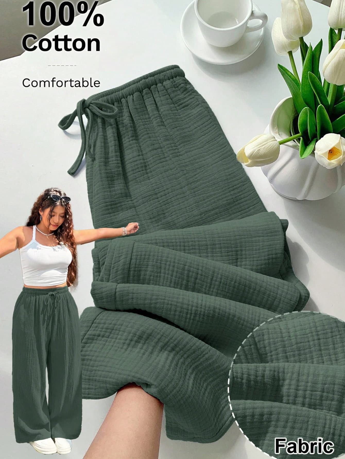 GalTyme Dark Green Plus Size Women Tie Waist Loose Casual Pants Formal Holiday Autumn Fall Vacation Formal Vacation