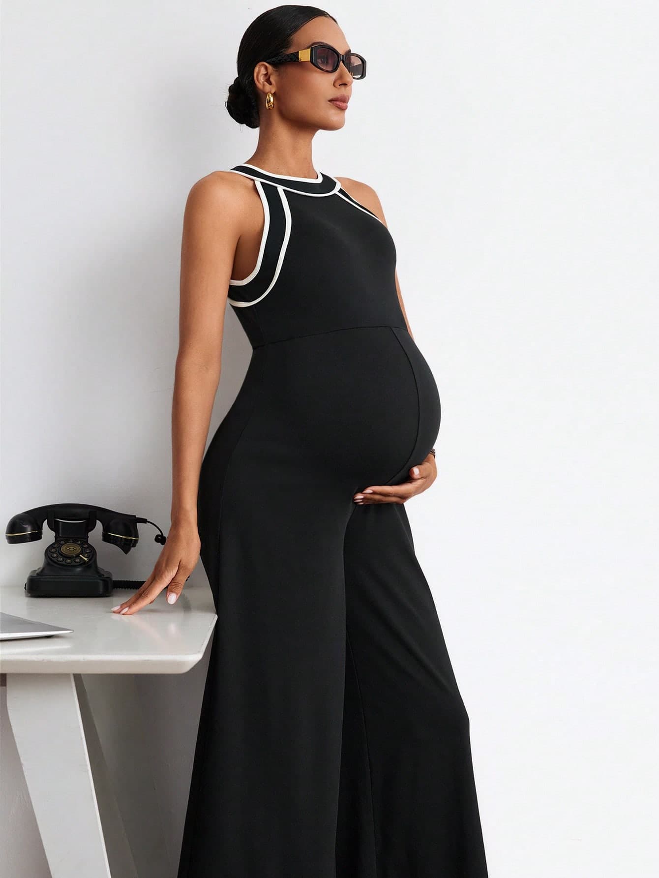 MaterniWear Maternity Fashionable Versatile Contrast Color Round Neck Casual Elegant Jumpsuit Photoshoot Autumn