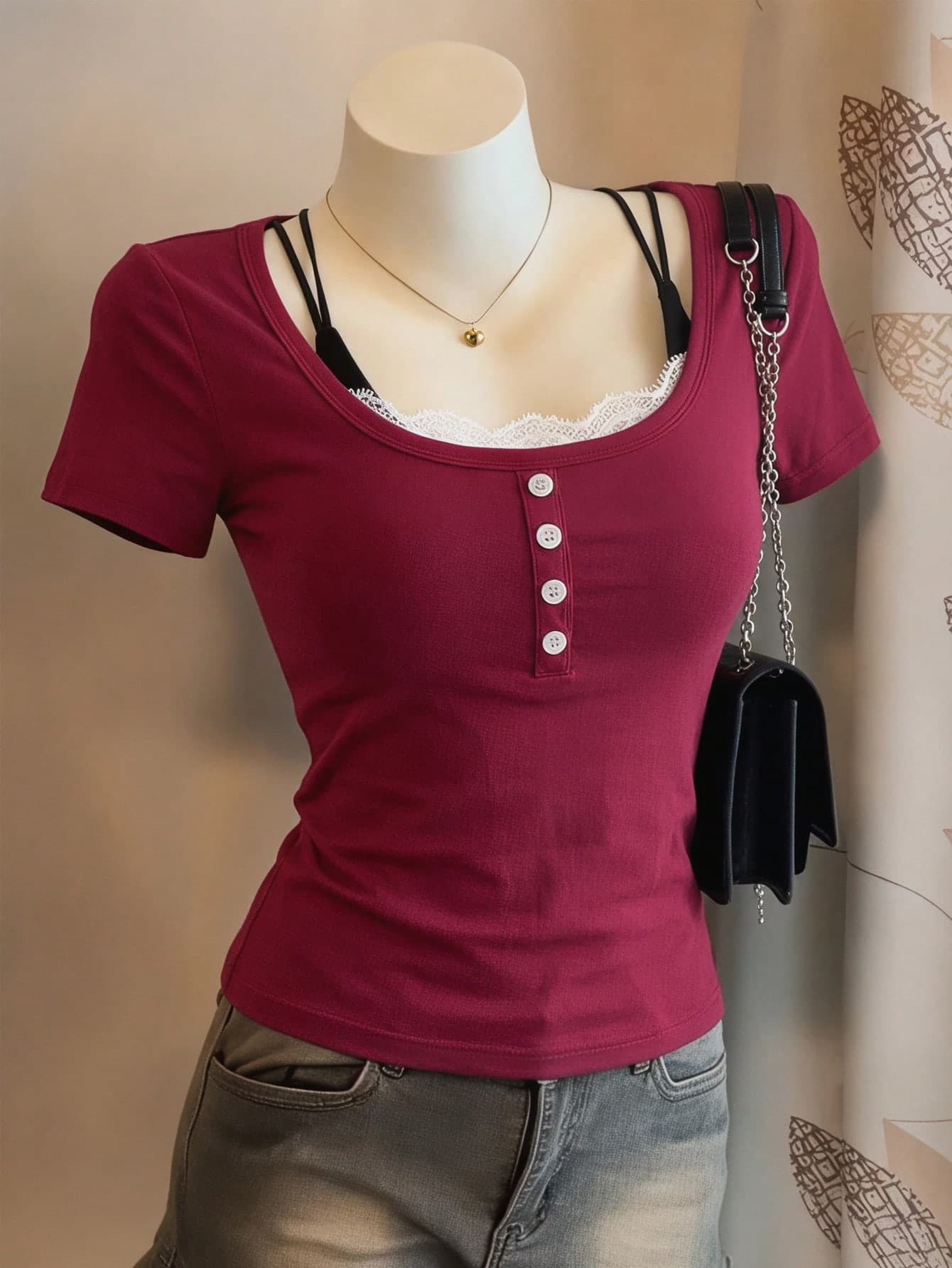 SHEIN 1-Piece Teen Girls Burgundy Y2K Aesthetic Ribbed Knit Short-Sleeve Top,Summer Casual Holiday Elegant White Lace Trim,Button Front Breathable Top