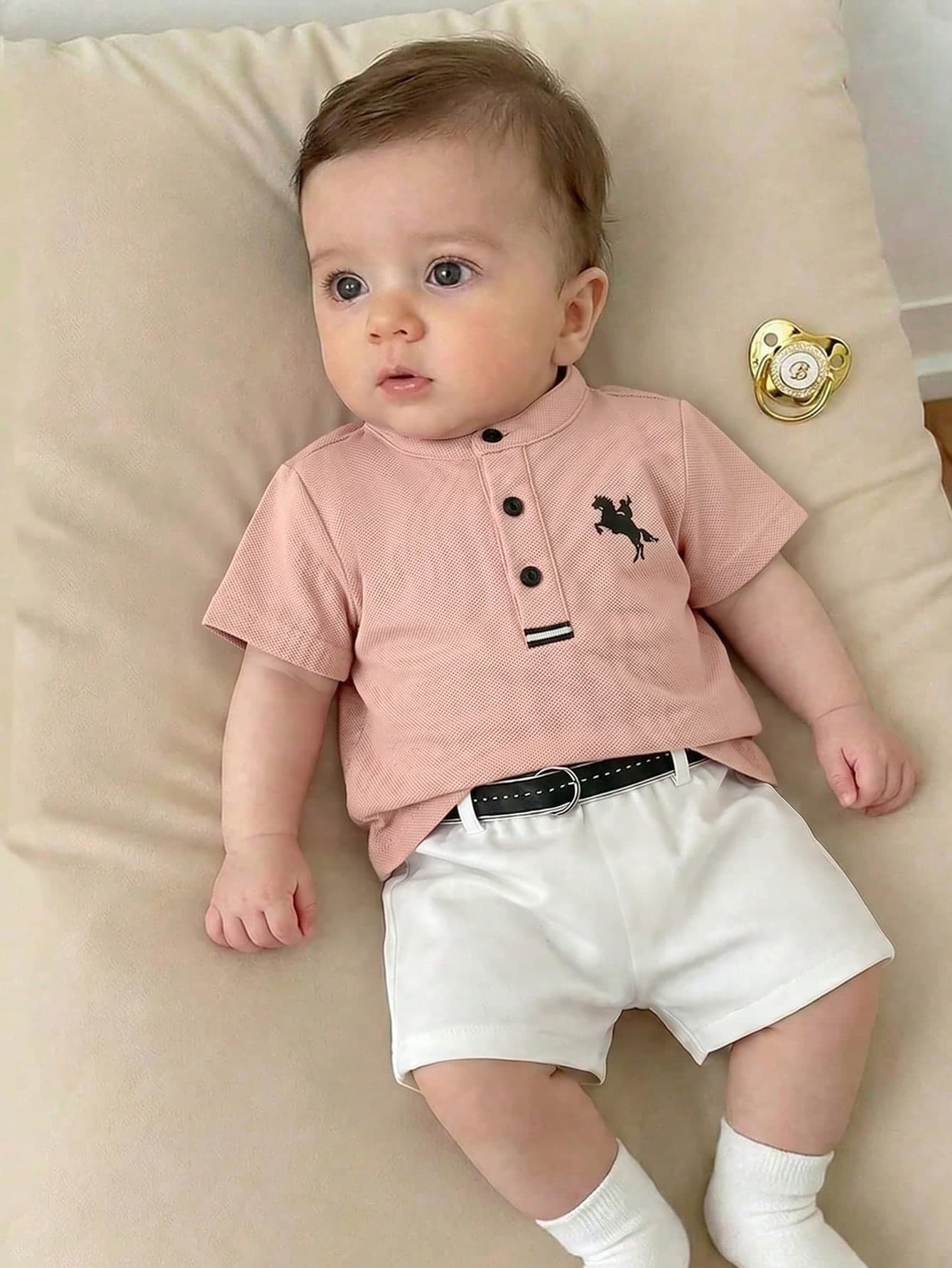 Newborn Baby Boy Cute Collegiate Style Knit Red Short Sleeve Top And Elastic Waist Shorts Set