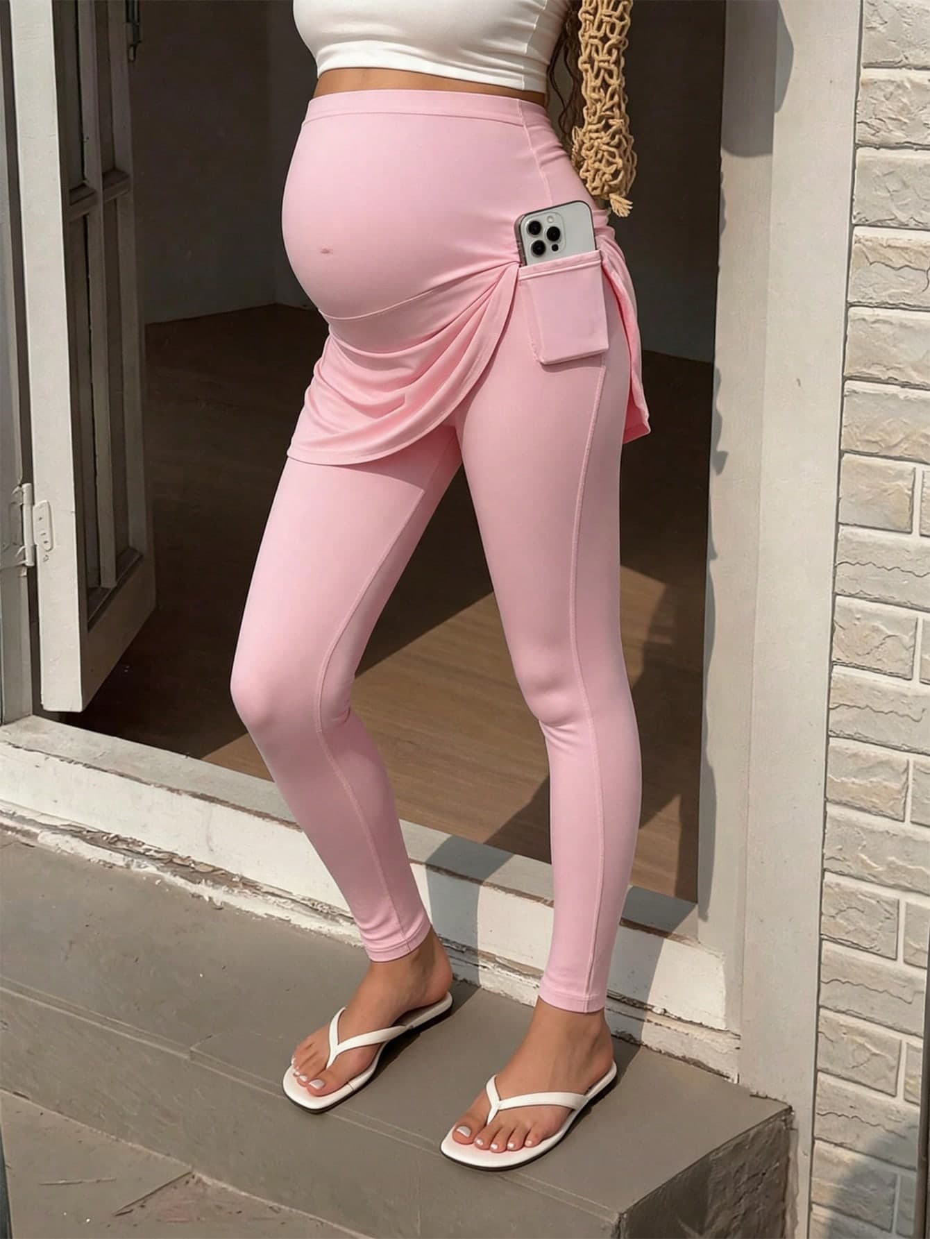 SHEIN Maternity Solid Color Adjustable Waist Pocket Casual Daily Sports Pants,Pink And Blue Sommar Gym,Autumn Holiday Beach Gender Reveal Gym Sportswear