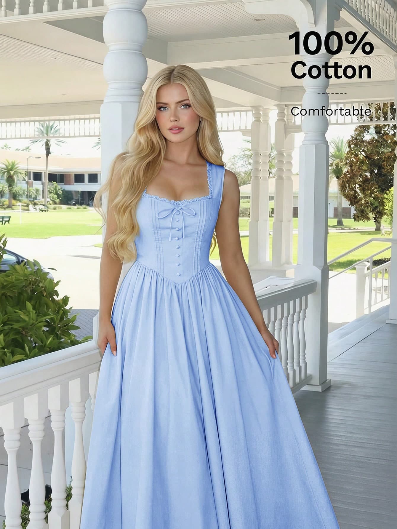 SHEIN MOD Light Blue Cotton Button Trim Square Collar Dress Vacation Summer Elegant Tropical Tropical Tropical Cottage Core Vacation Vacation Vacation Vacation