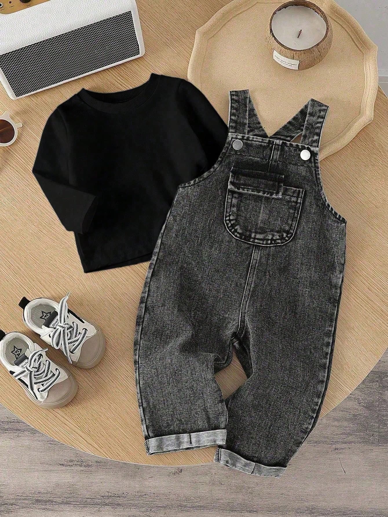 SHEIN Vintaside Kids Baby Boy Fashion Solid Color Round Neck Top And Casual Bib Pants 2-Piece Set Overall Vintage Overalls Boys Jeans Denim Outfit