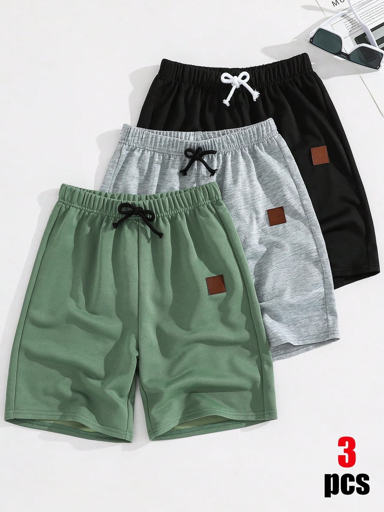 SHEIN 3pcs/Set Kids Tween Boy Casual Sweatshirt Fabric Sports Shorts Multi-Pack,Dark Green,Summer,Hiking,Gray Black Green Shorts,Spring Summer Outfit,Sports