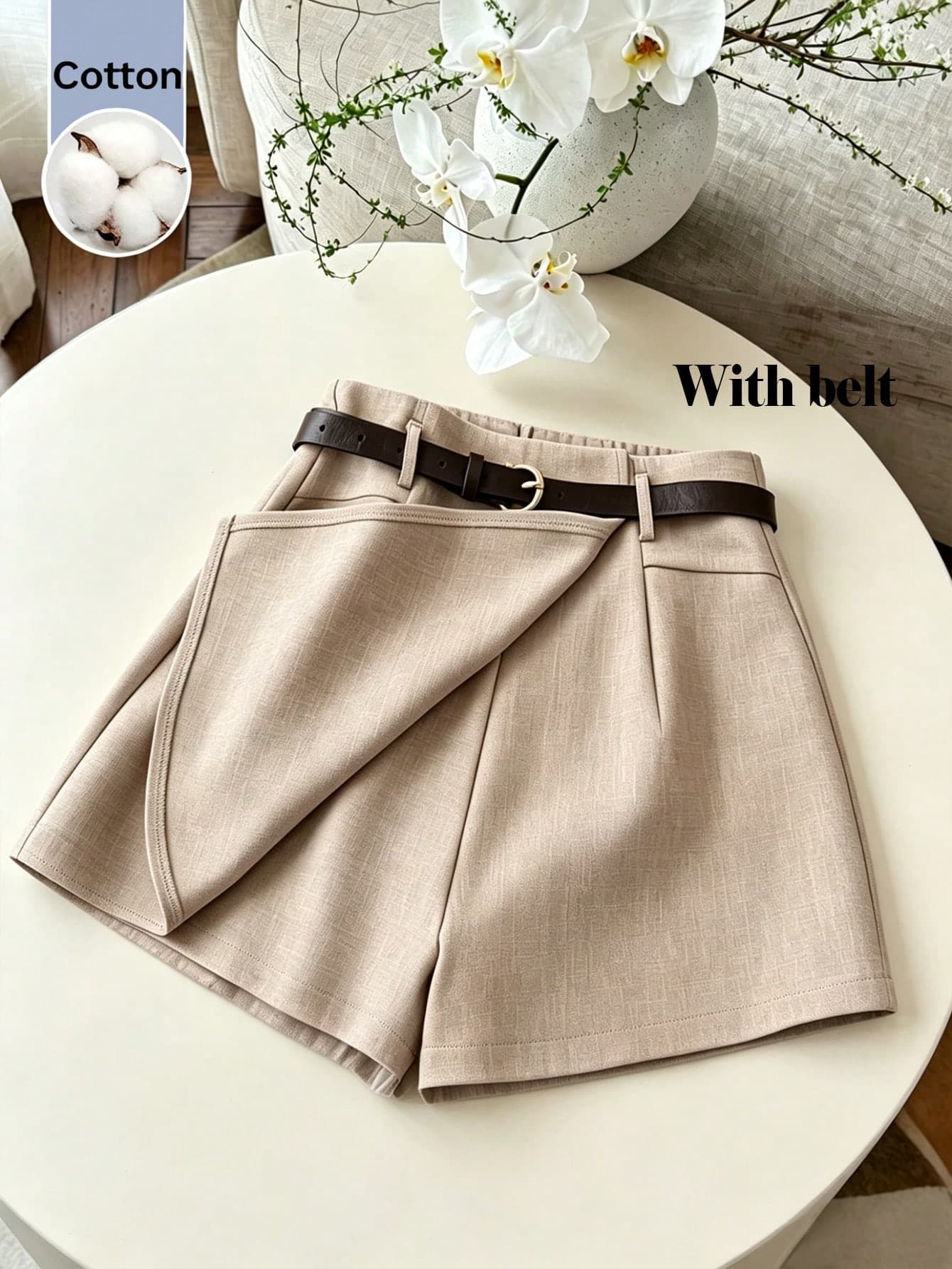 Franclia French Style Solid Color Casual Shorts With Belt For Women Office Light Beige Summer