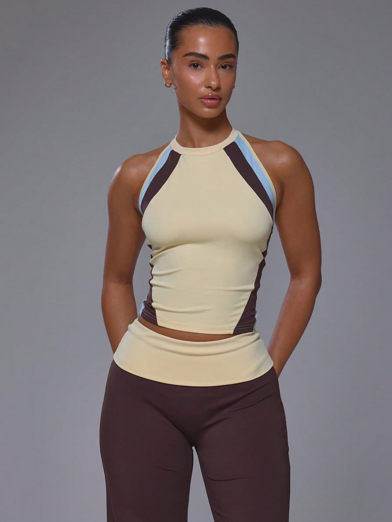 Musera Sport Contrast Colour Front Panels Scoop Neck Racer Back Fitted Active Tank Top Coord Top Only Sport Workout Gym Cute Pilates Fitness Daily Butter Yellow