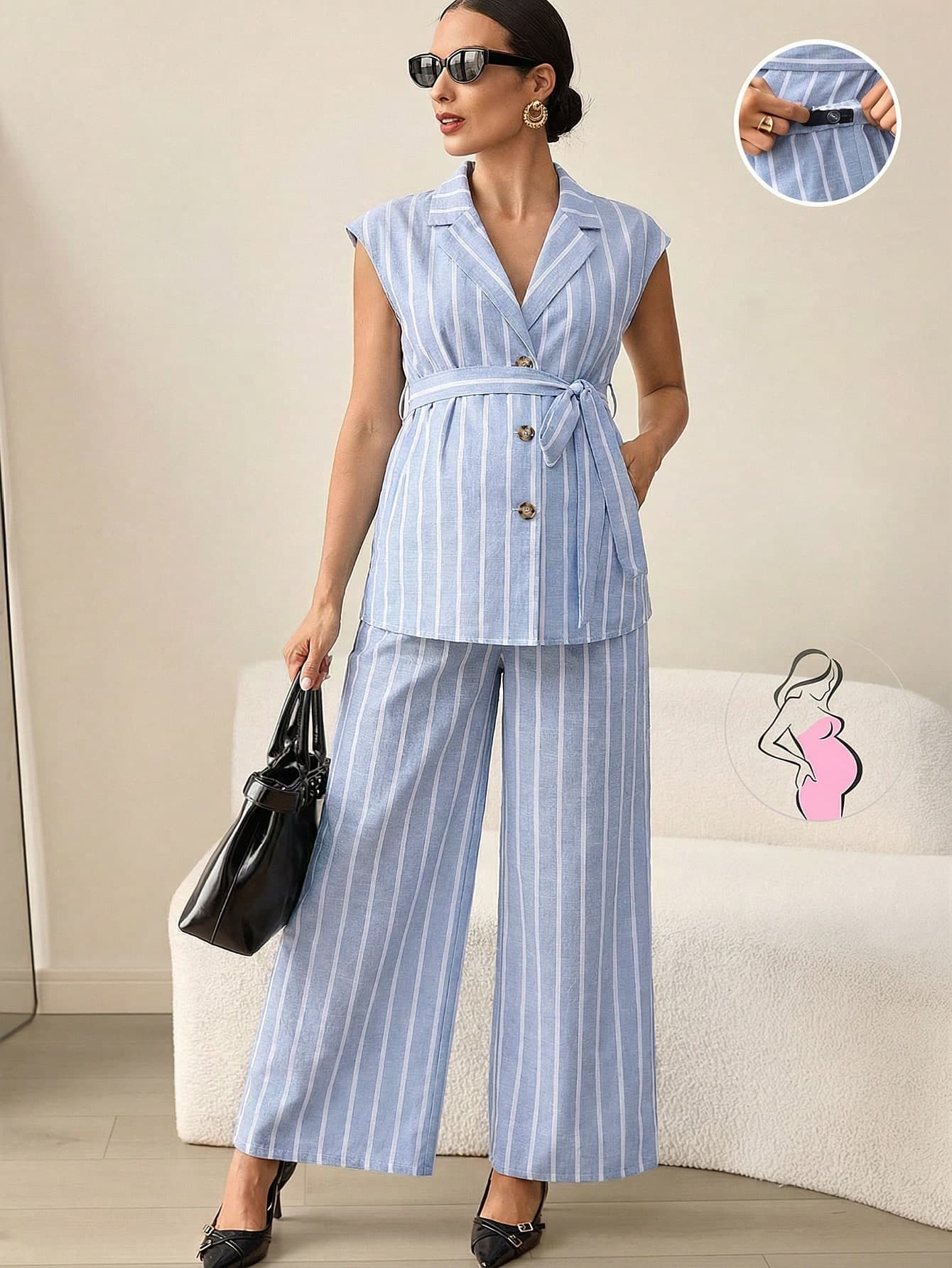 MaterniWear Maternity Striped Sleeveless Collared Casual 2 Pieces Set, Versatile For Summer