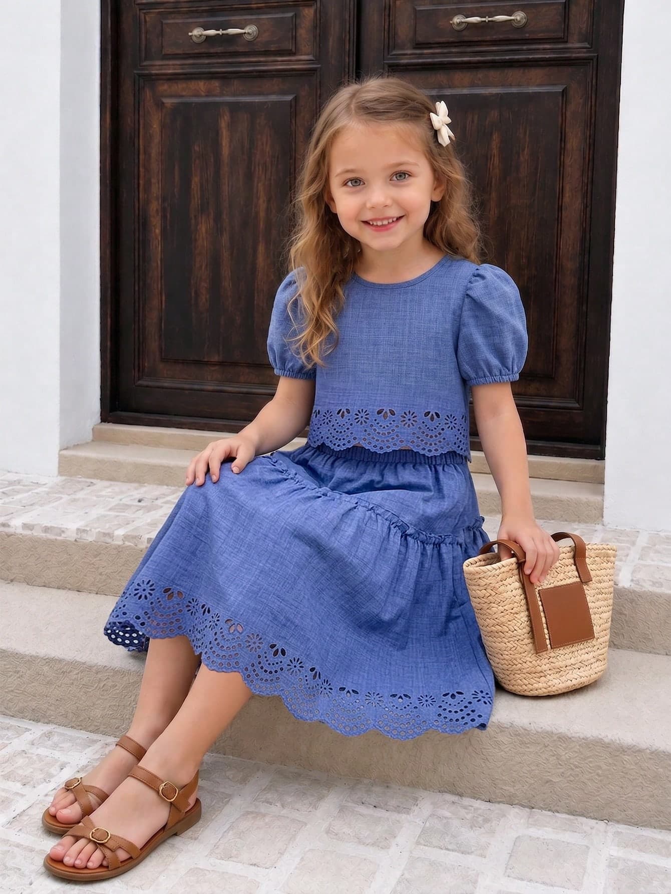Girls' Korean Fashion Short Sleeve Floral Top & Minimalist Skirt Set,Matching Summer Holiday Family Vacation Casual Versatile Comfortable Outfit