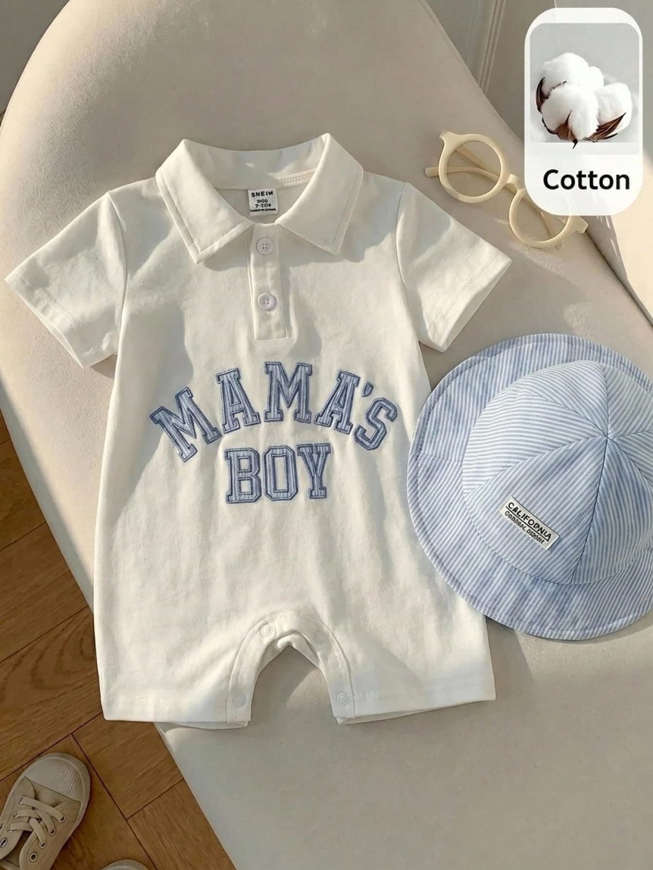 SHEIN 2pcs/Set Unisex Newborn/Baby Boy/Girl Striped Short Sleeve Romper And Sunhat Set, Spring/Summer Baby Clothes Outfit
