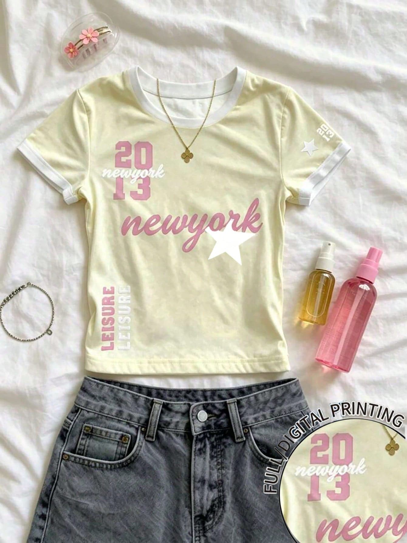 Tween Girls' Digital English Numeral Graphic Short Sleeve Cropped T-Shirt, Casual & Comfortable For Spring/Summer, Design Suitable For Outdoor, Sports, Picnic, Street Photography, Holiday, Gift, Daily Wear