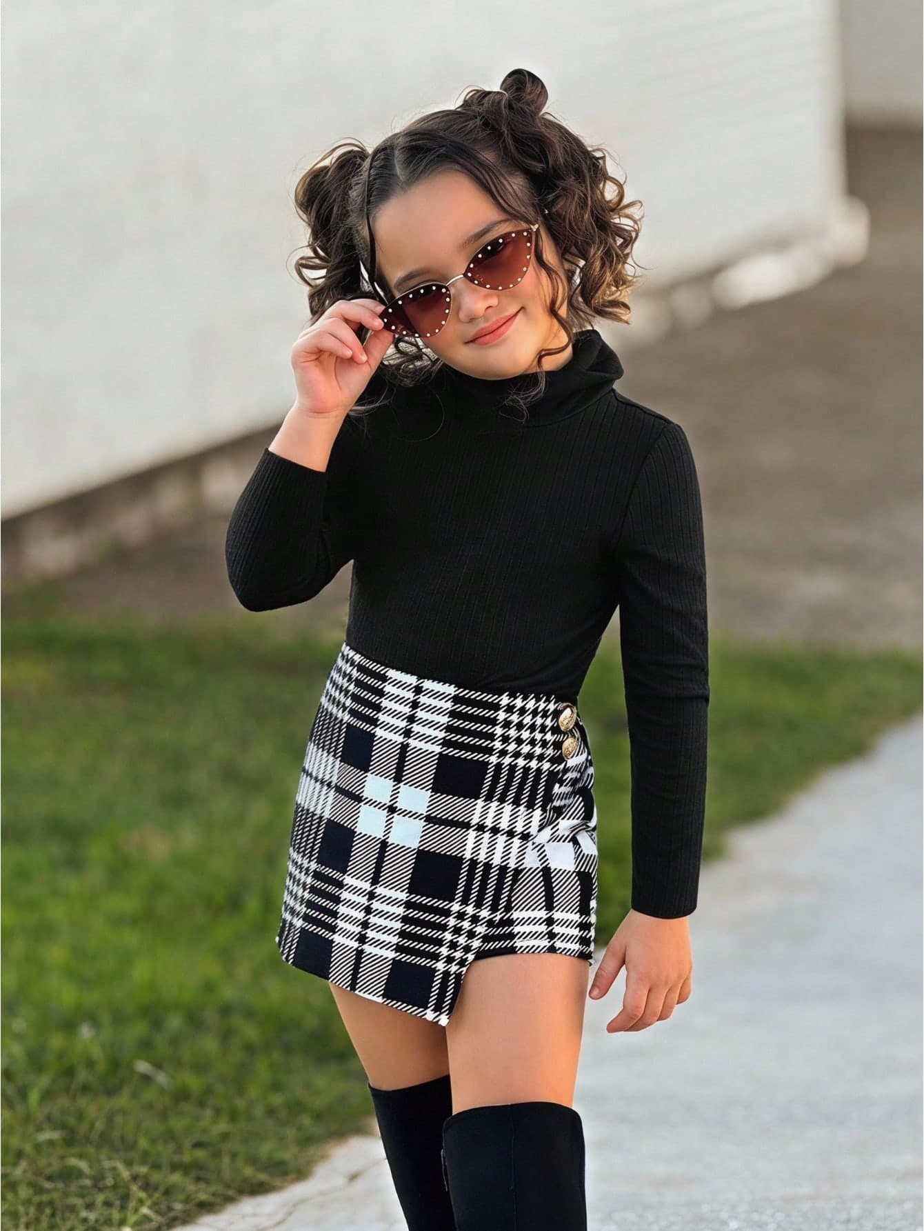 Firerie Kids Firerie Kids 2pcs/Set Girls High Neck T-Shirt And Plaid Skort,Back-To-School Career Day Winter Outfit,Little Girl Black Checkered Two Piece Kids Set Autumn Fall