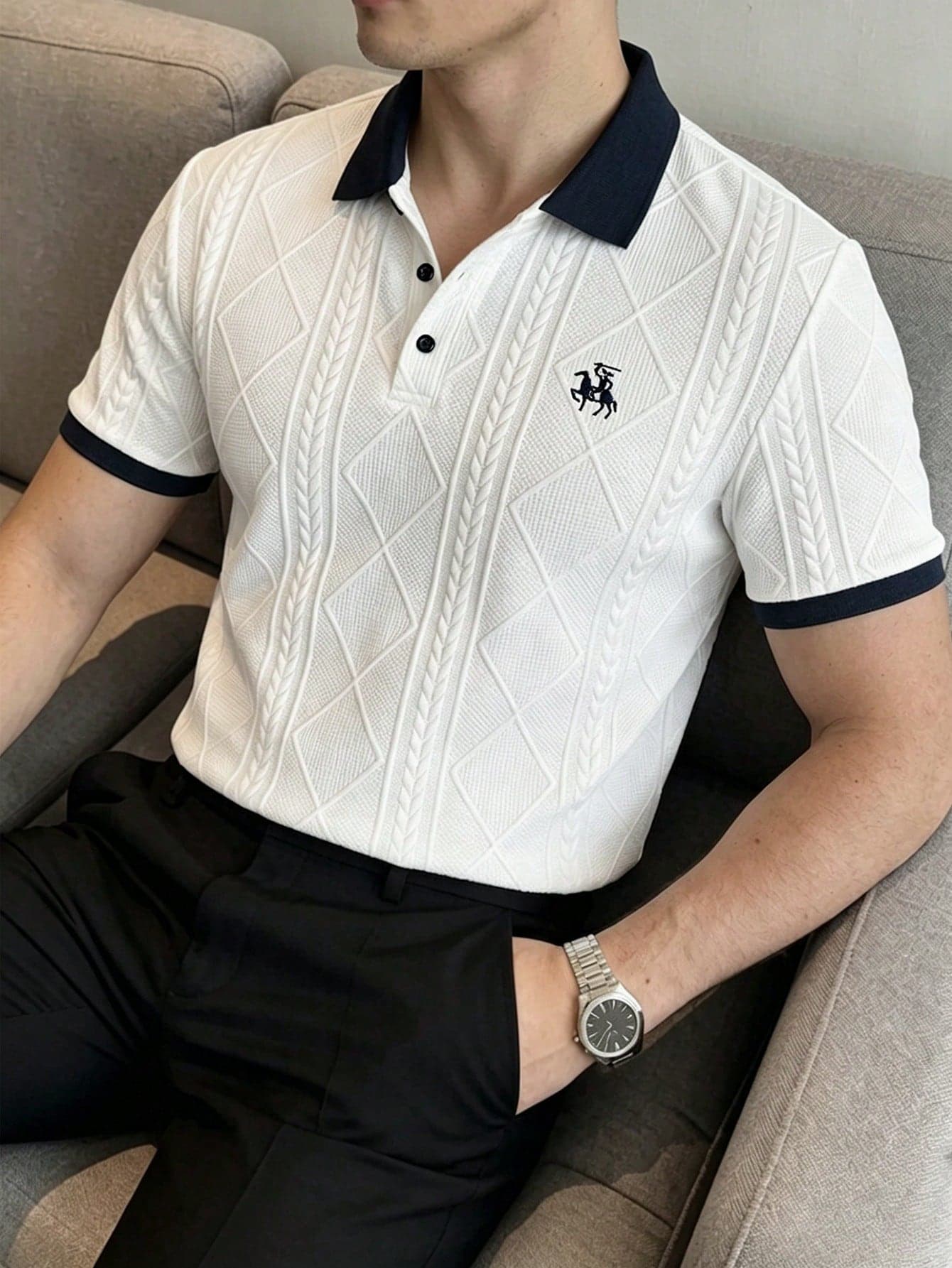 Calvornis Men's Short Sleeve Polo Shirt, Jacquard Knit Button Top, Retro Patterned Business Casual Summer Golf Polo Shirt, Fashion Casual Commute Daily Wear, Formal